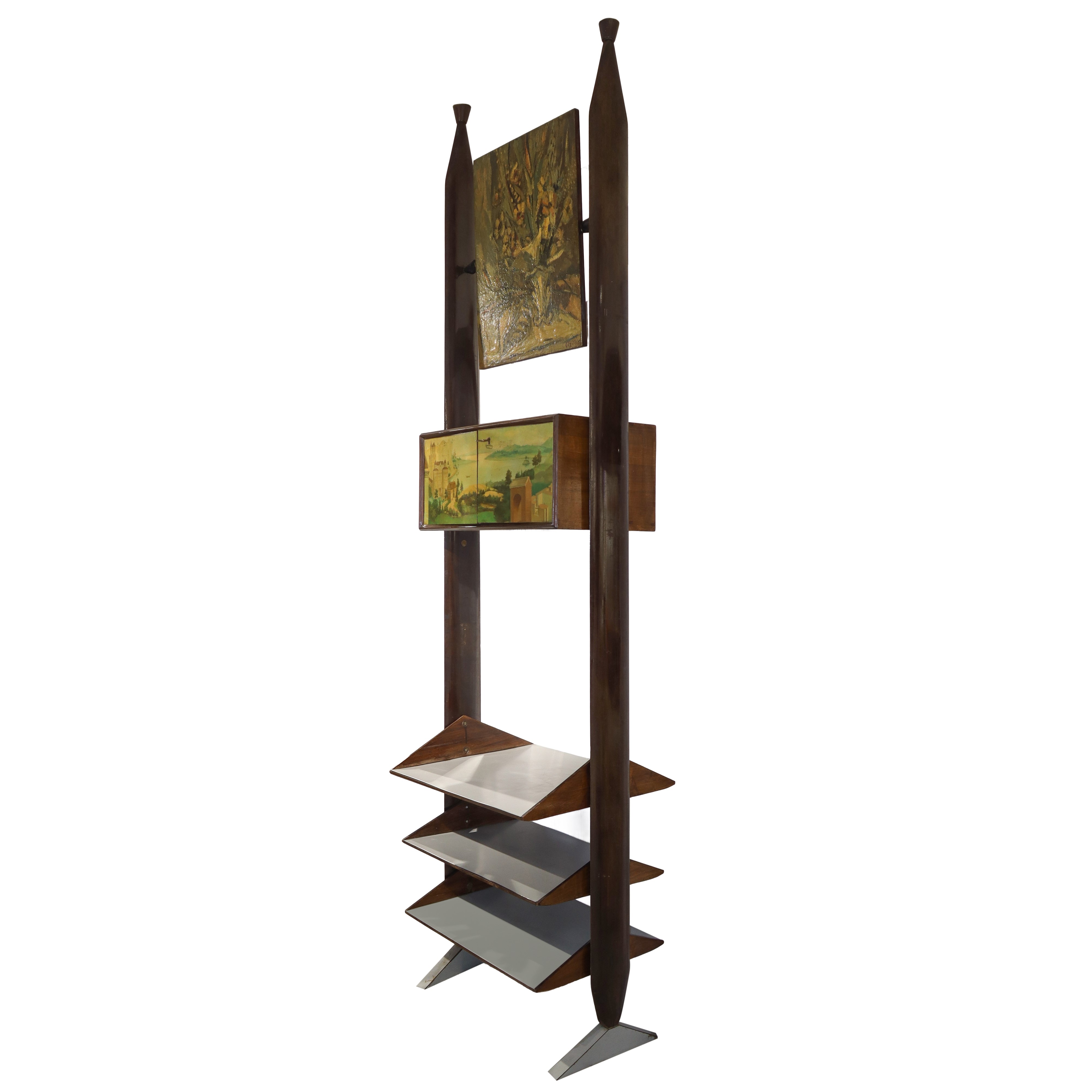 Libreria modulare costituita da due moduli estensibili con pannelli dipinti firmati G. Crestani