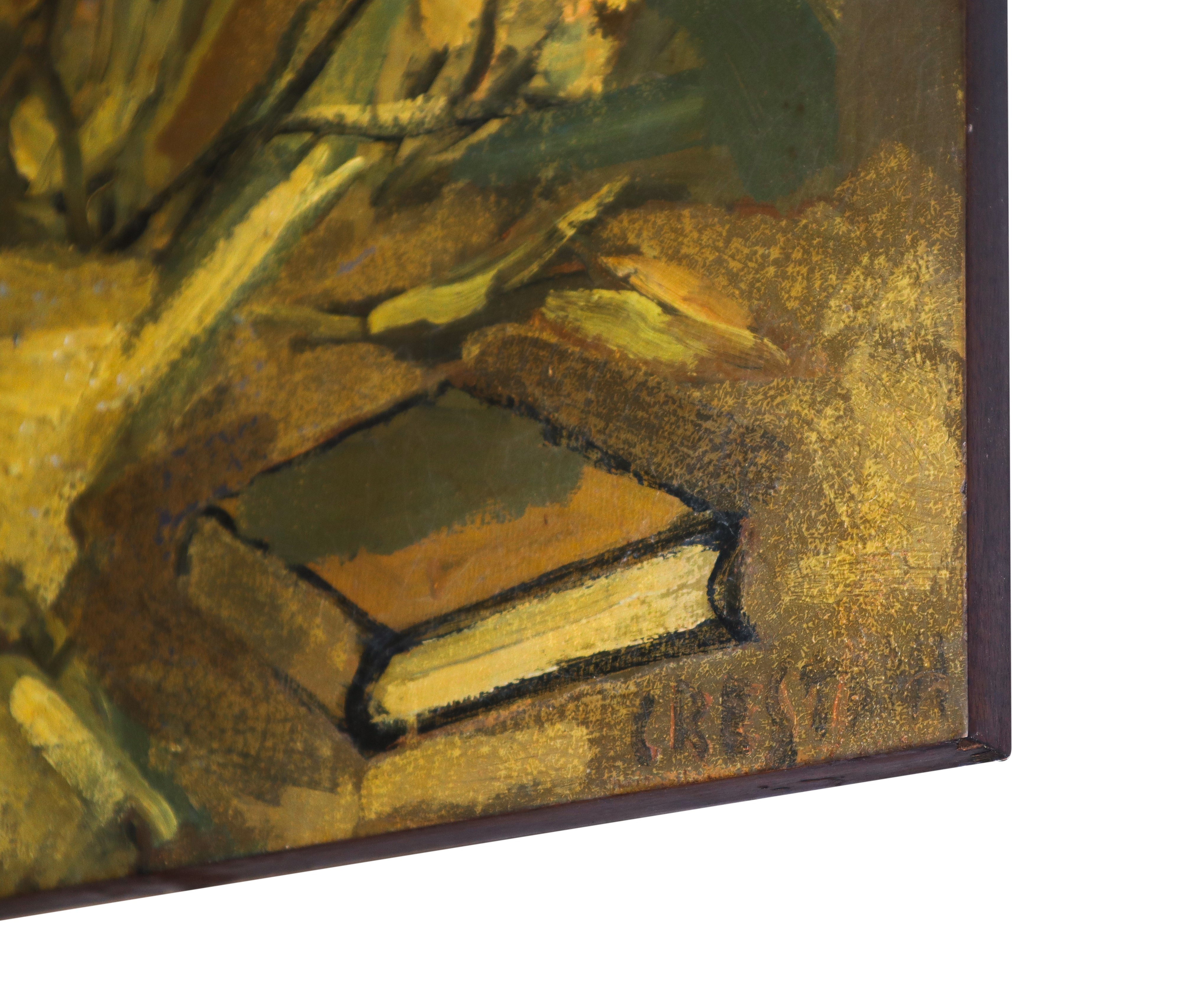 Libreria modulare costituita da due moduli estensibili con pannelli dipinti firmati G. Crestani