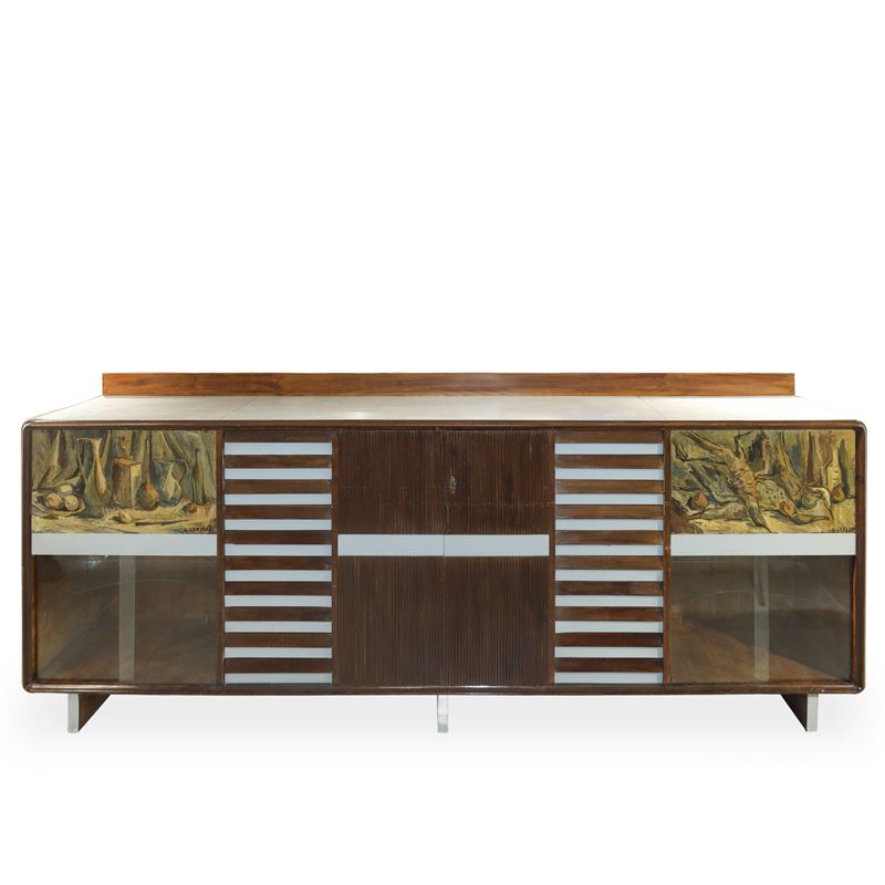 Sideboard con sportelli scanalati e sportelli a vetri con pannelli dipinti e firmati G.Crestani