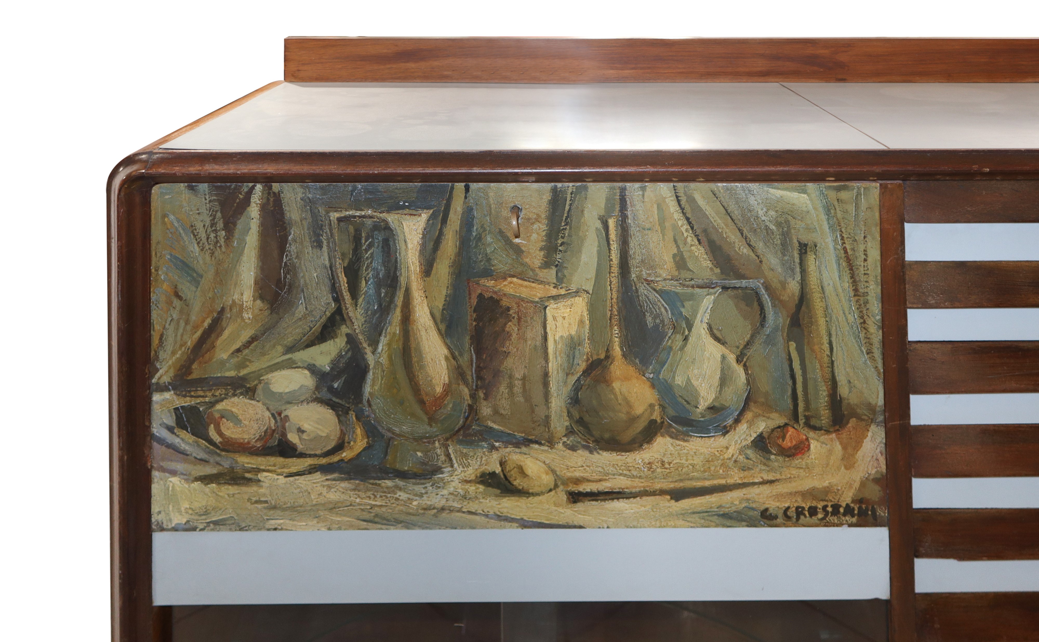 Sideboard con sportelli scanalati e sportelli a vetri con pannelli dipinti e firmati G.Crestani