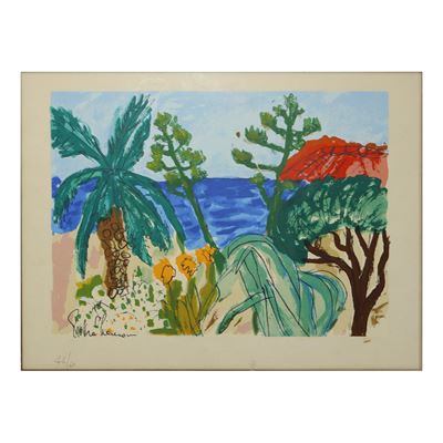 Paesaggio con mare, litografia colorata a mano