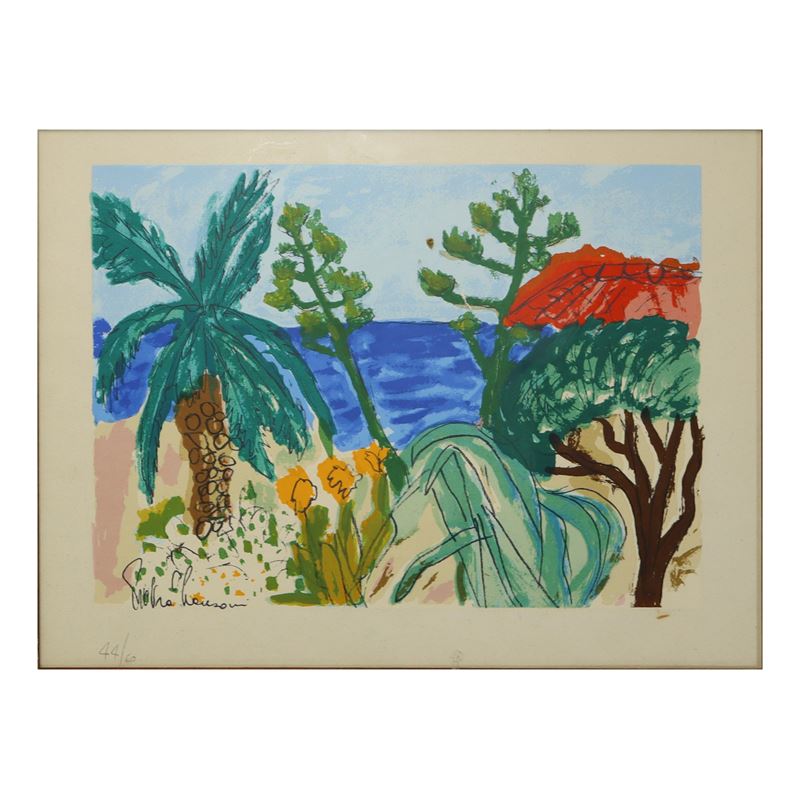 Pietro Manzoni - Paesaggio con mare, litografia colorata a mano