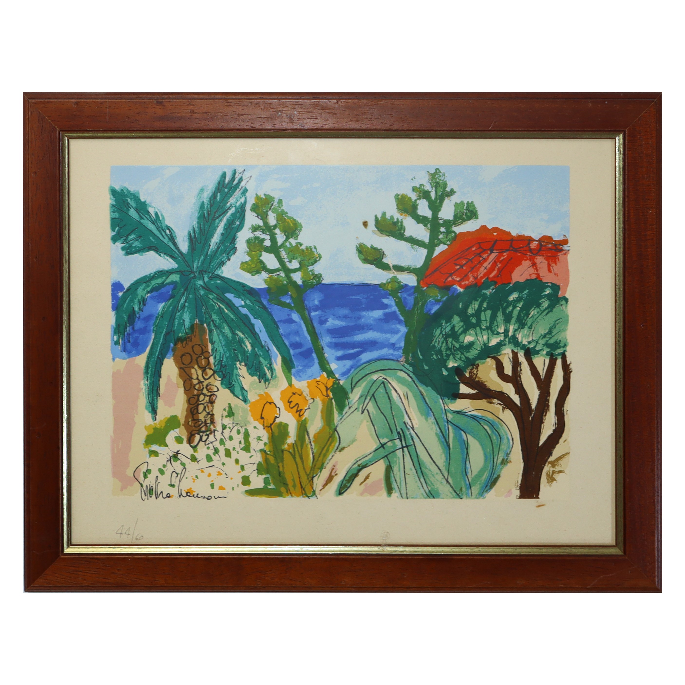 Pietro Manzoni - Paesaggio con mare, litografia colorata a mano
