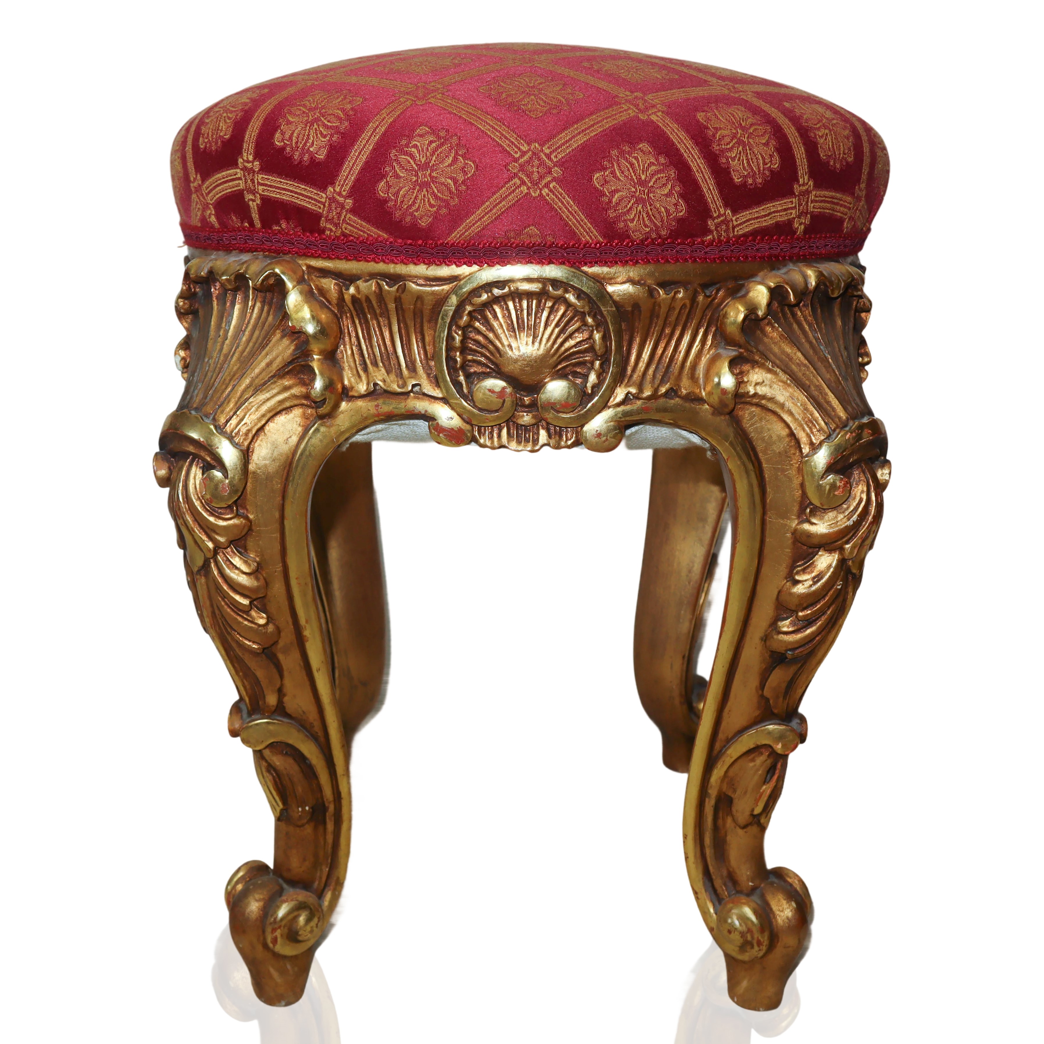 Coppia di sgabelli, legno dorato con tappezzeria rossa e dorata, inizi XX secolo