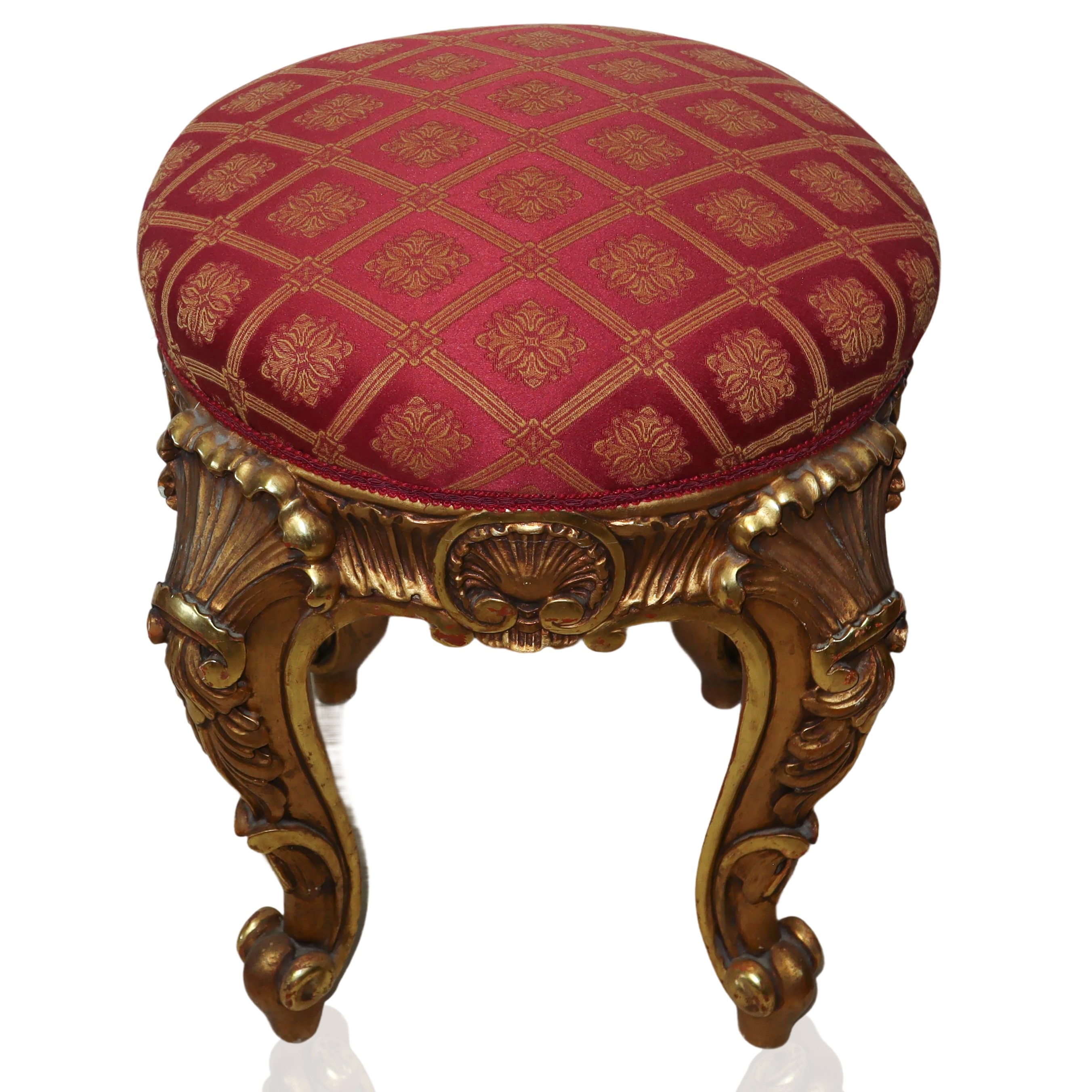 Coppia di sgabelli, legno dorato con tappezzeria rossa e dorata, inizi XX secolo