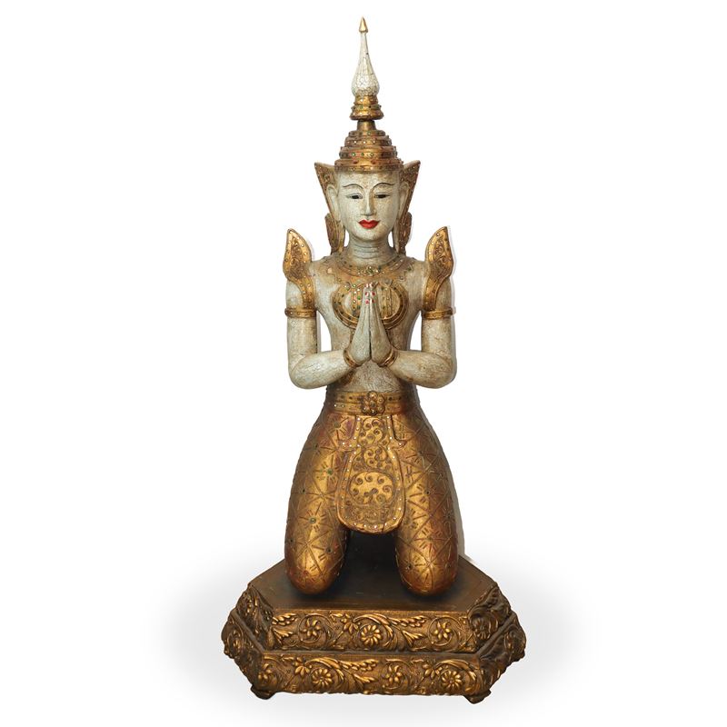 Guerriero Thailandese, Scultura in Legno Dorato e Laccatocon Base Dorata