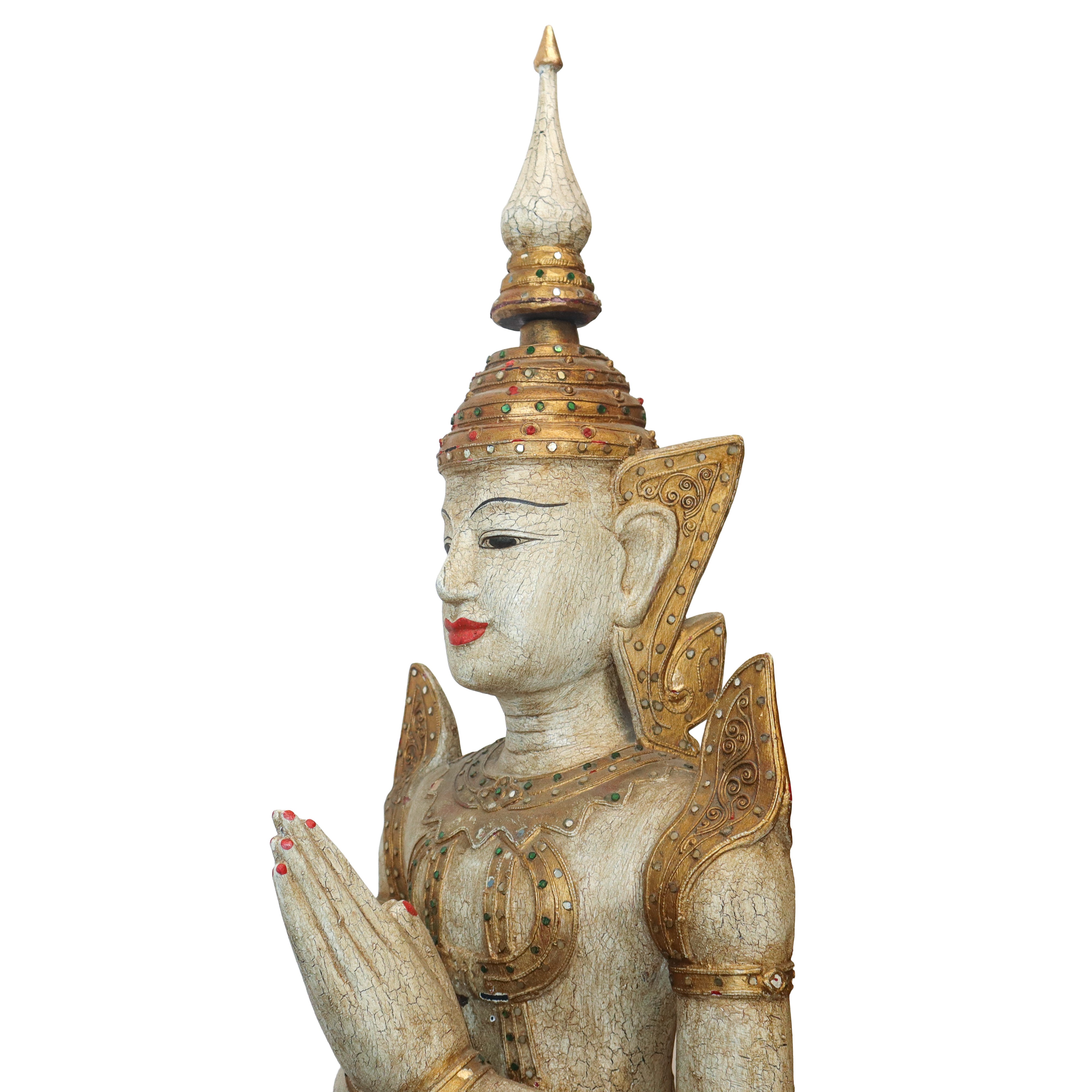 Guerriero Thailandese, Scultura in Legno Dorato e Laccatocon Base Dorata