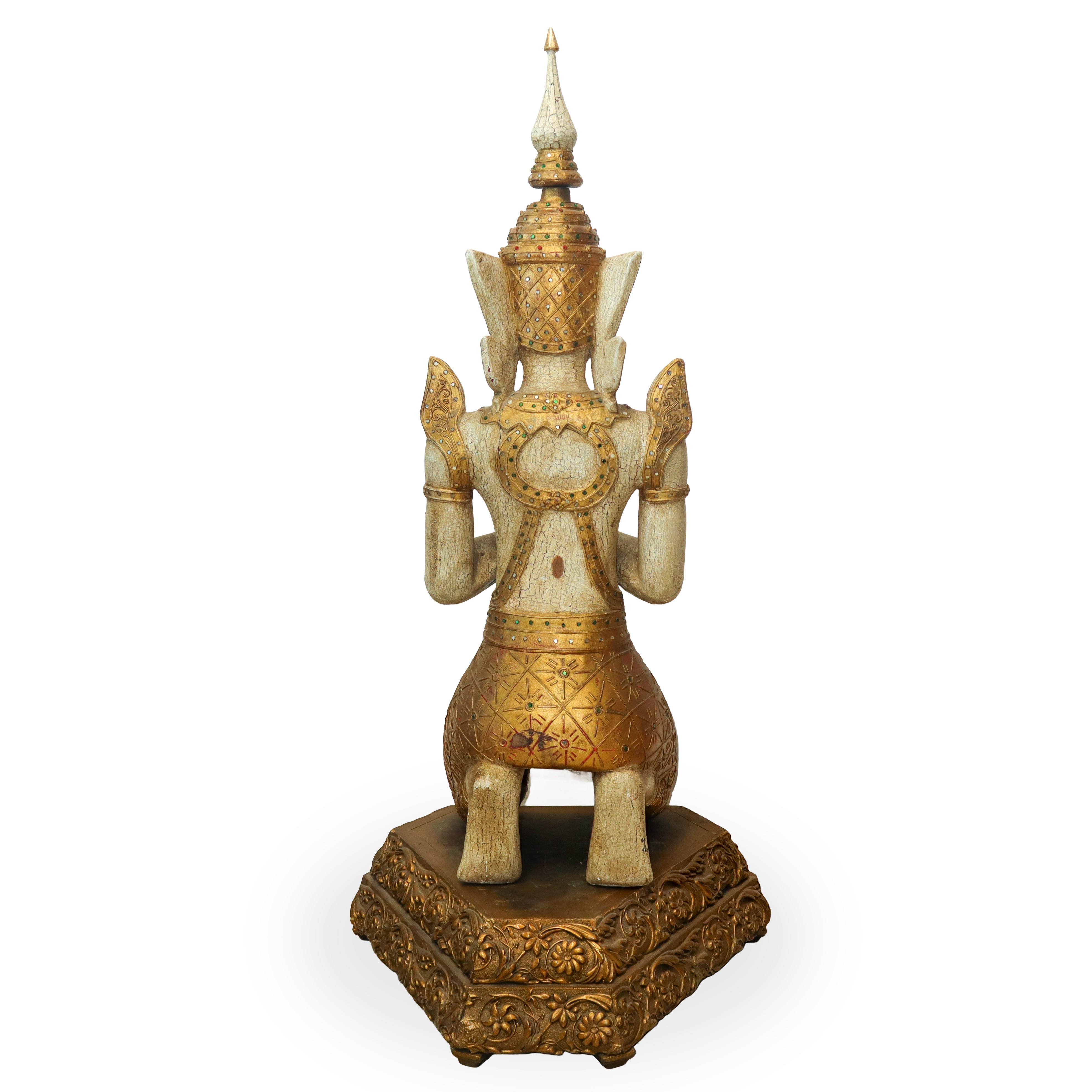 Guerriero Thailandese, Scultura in Legno Dorato e Laccatocon Base Dorata