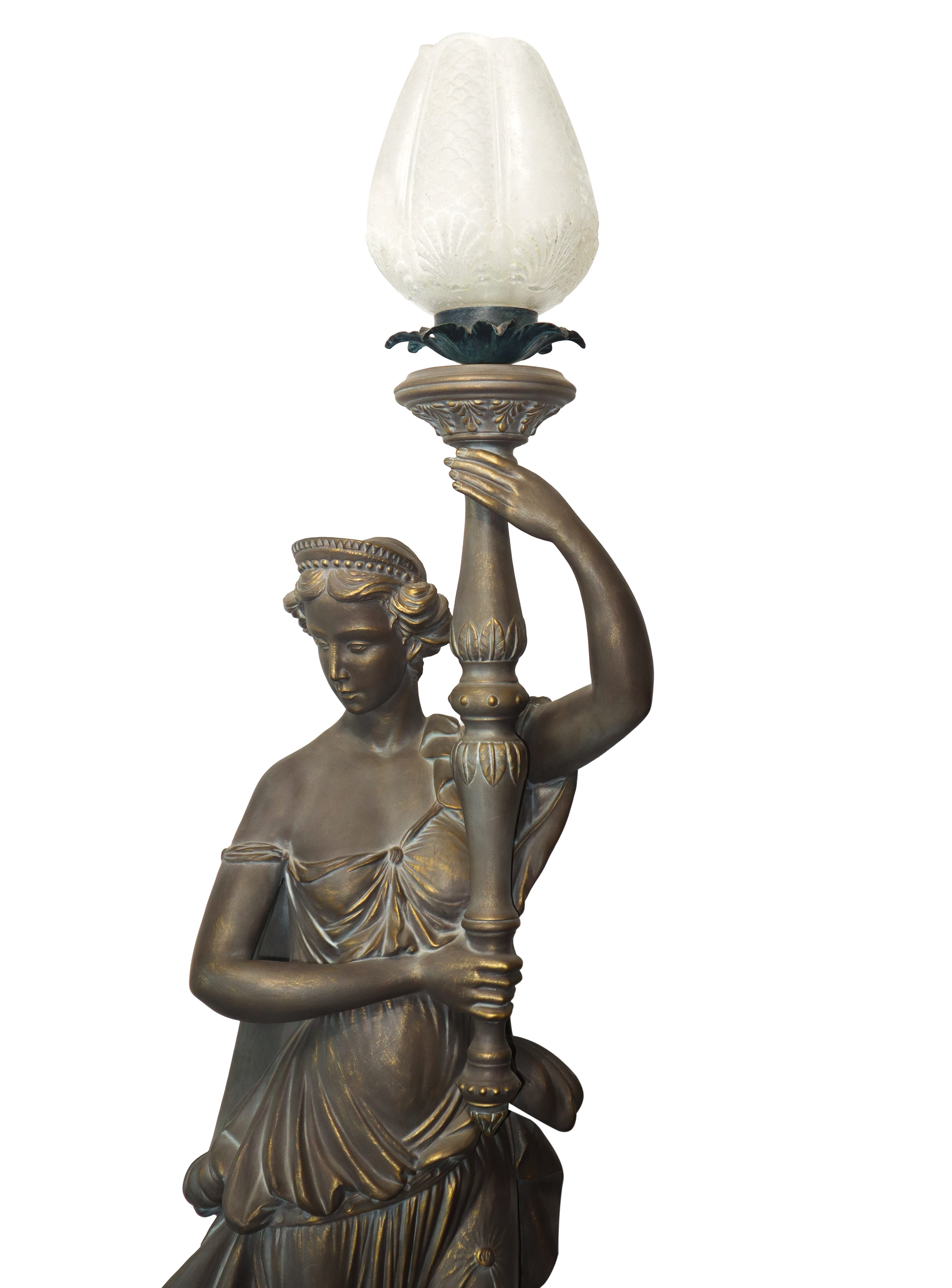 Statua reggilampada Liberty con piedistallo patinata grigio e oro