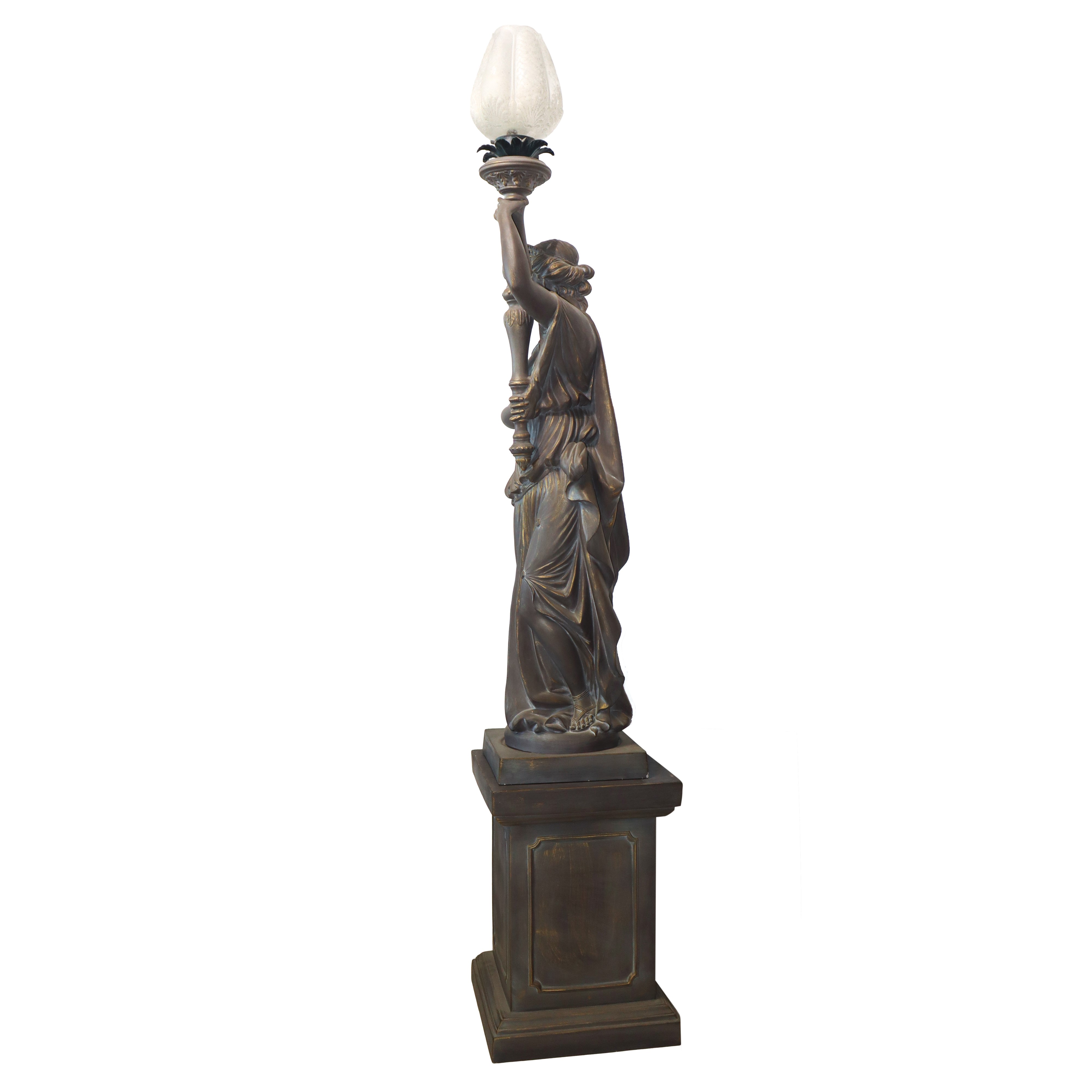 Statua reggilampada Liberty con piedistallo patinata grigio e oro