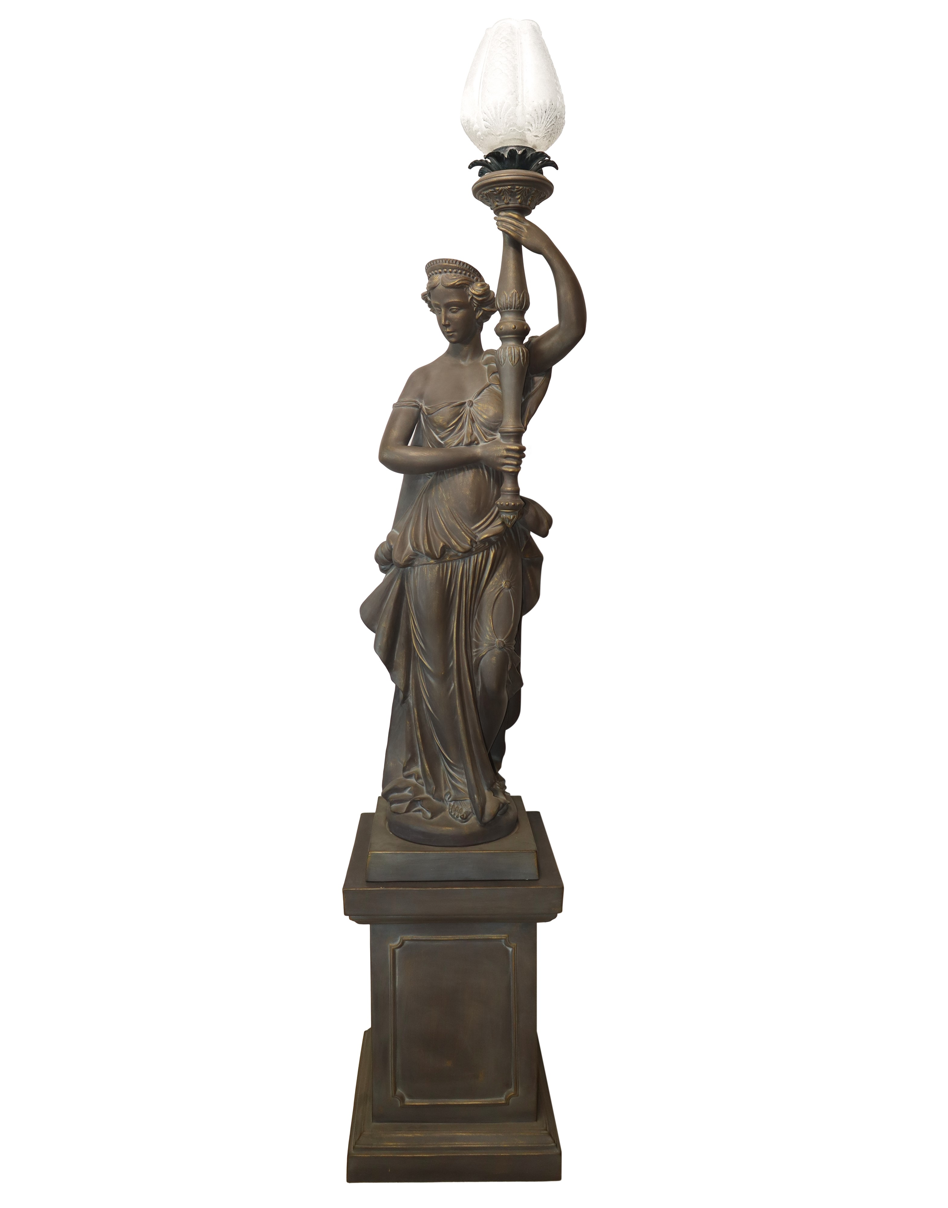 Statua reggilampada Liberty con piedistallo patinata grigio e oro