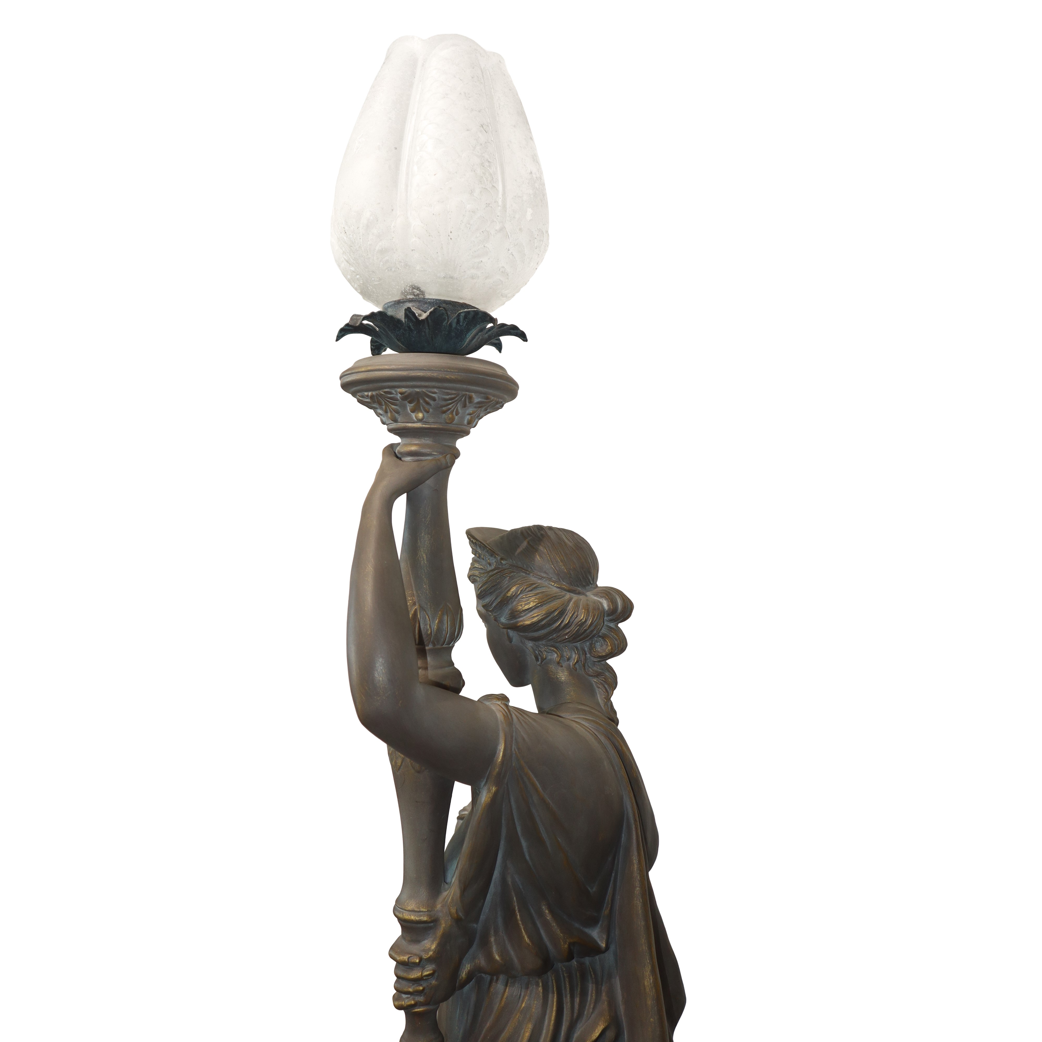 Statua reggilampada Liberty con piedistallo patinata grigio e oro