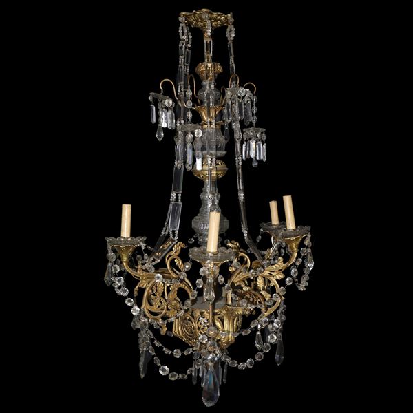 6-light chandelier with gilded brass stem and glass with glass brindoli and plates