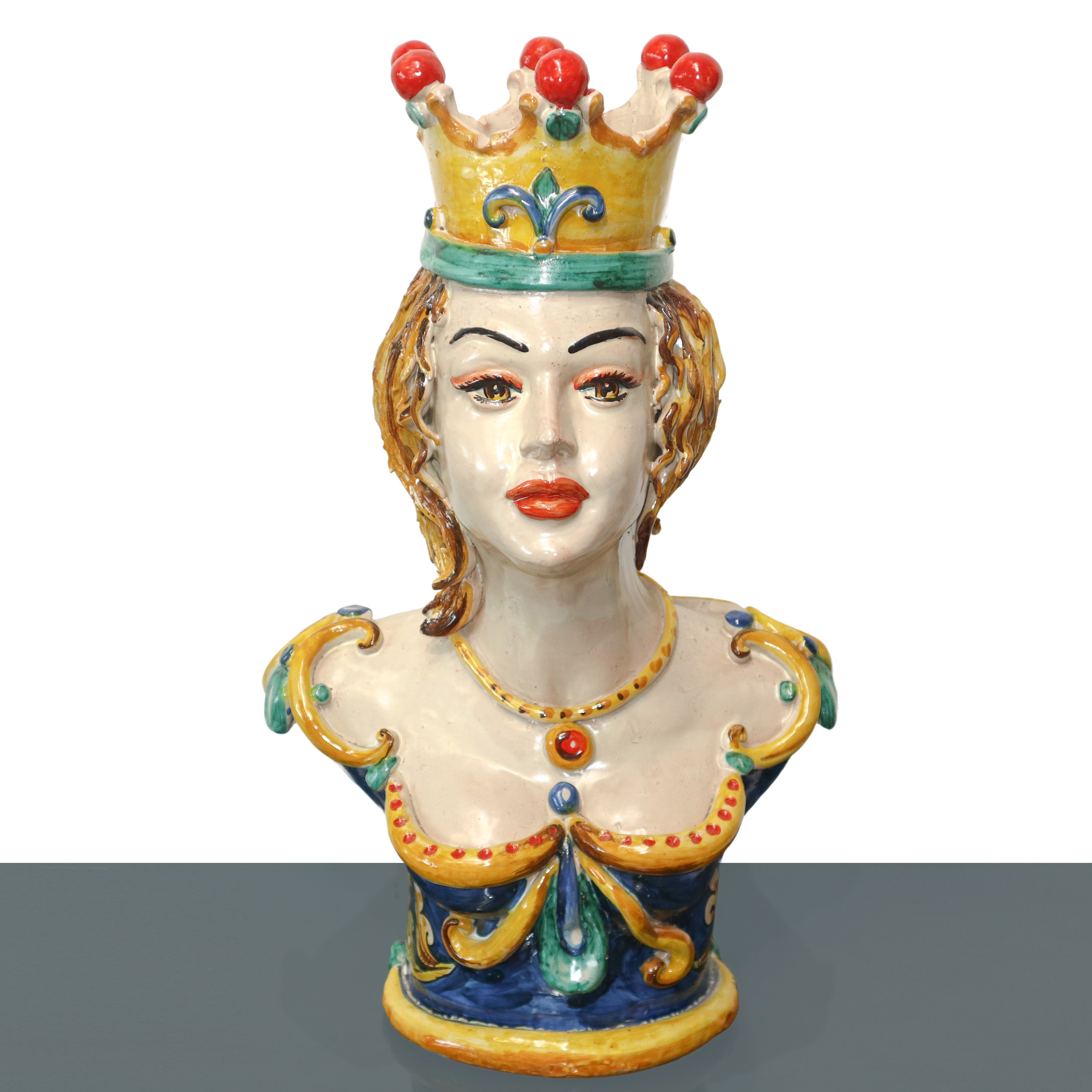 Busti in terracotta re e regina in maiolica invetriata e dipinta policroma