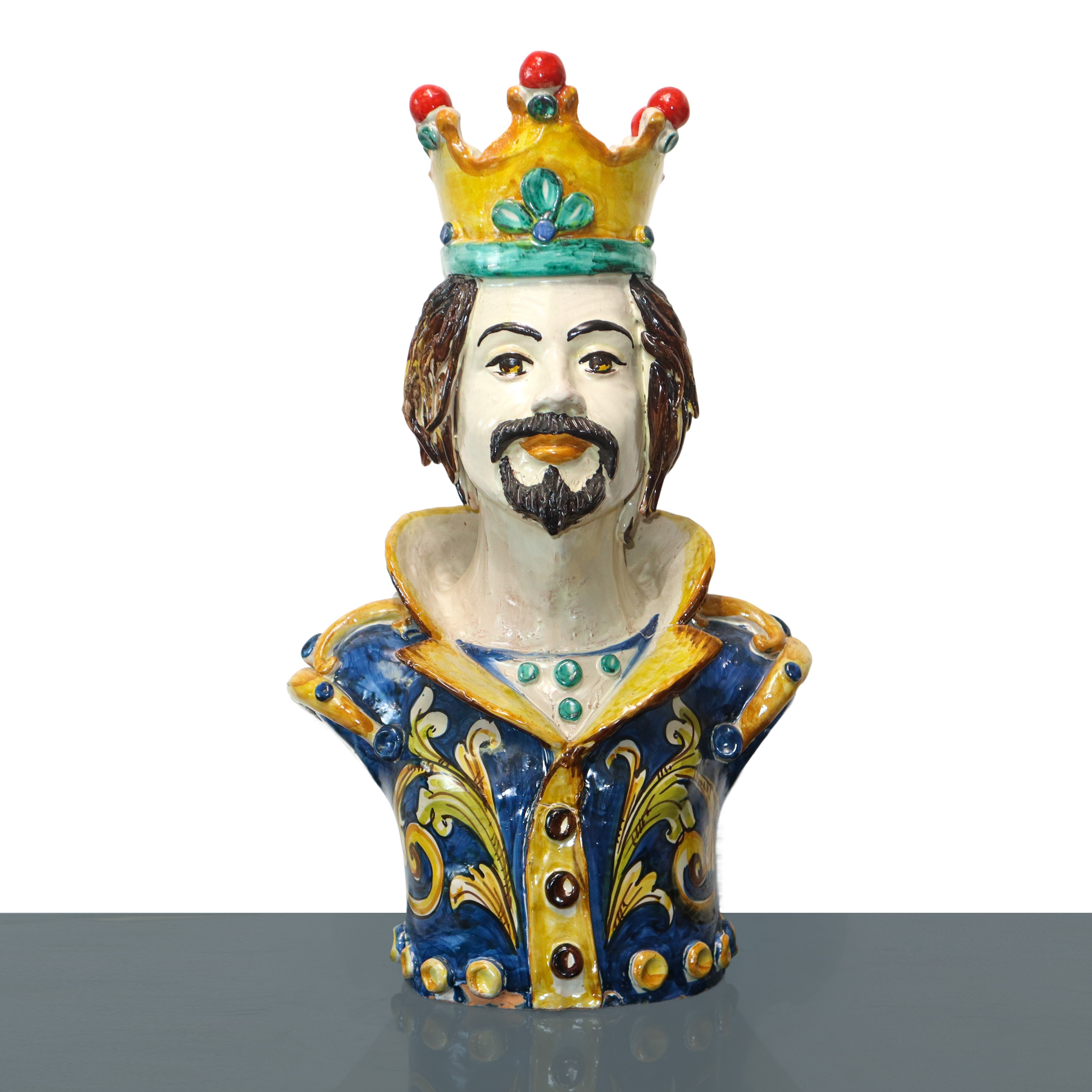 Busti in terracotta re e regina in maiolica invetriata e dipinta policroma