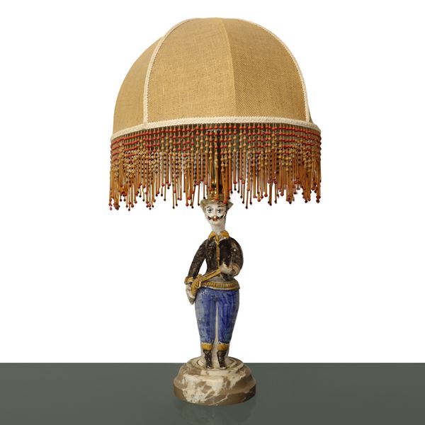 Caltagirone majolica lamp with fabric lampshade and marble base