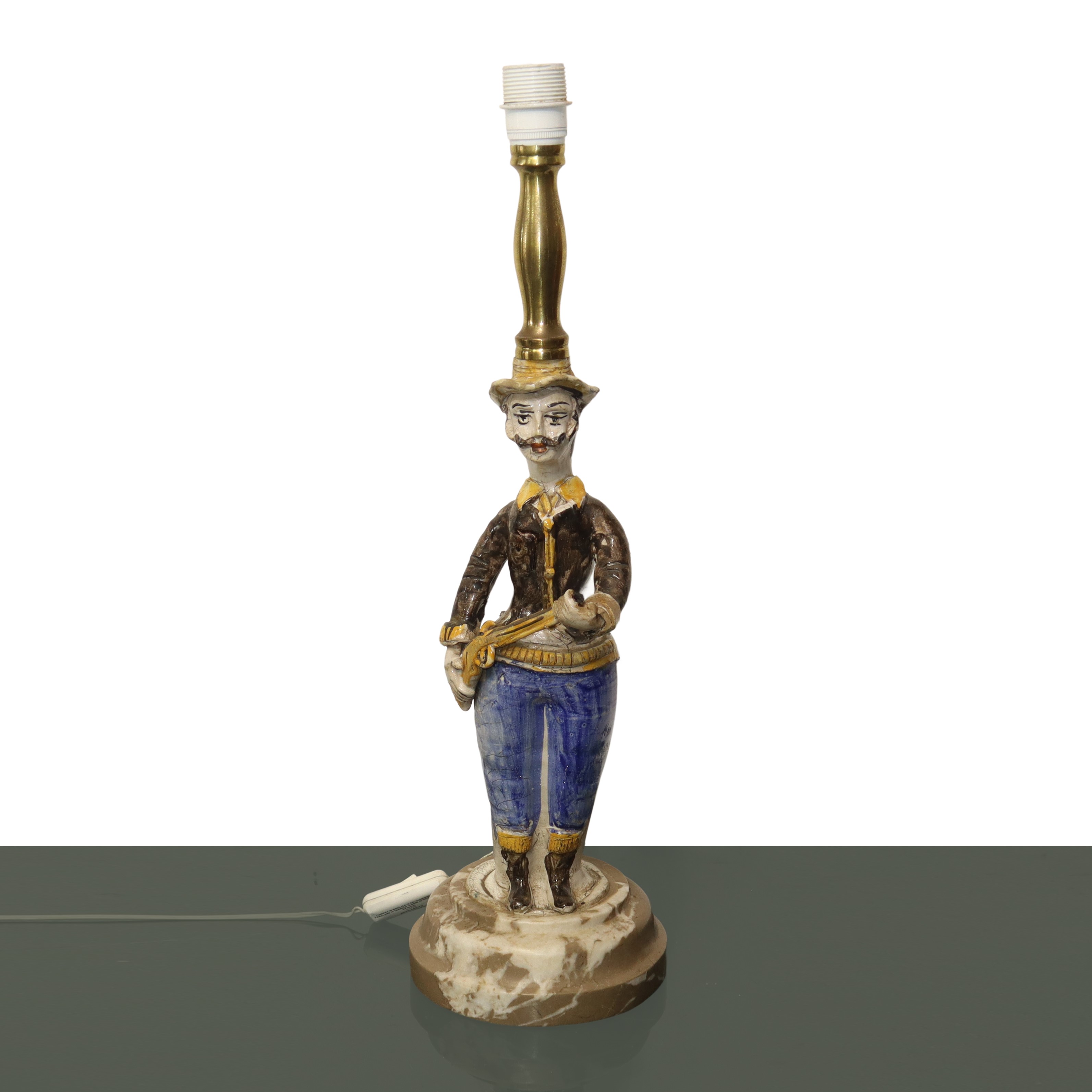 Lumiera in Maiolica di Caltagirone con Paralume in Tessuto e Base in Marmo
