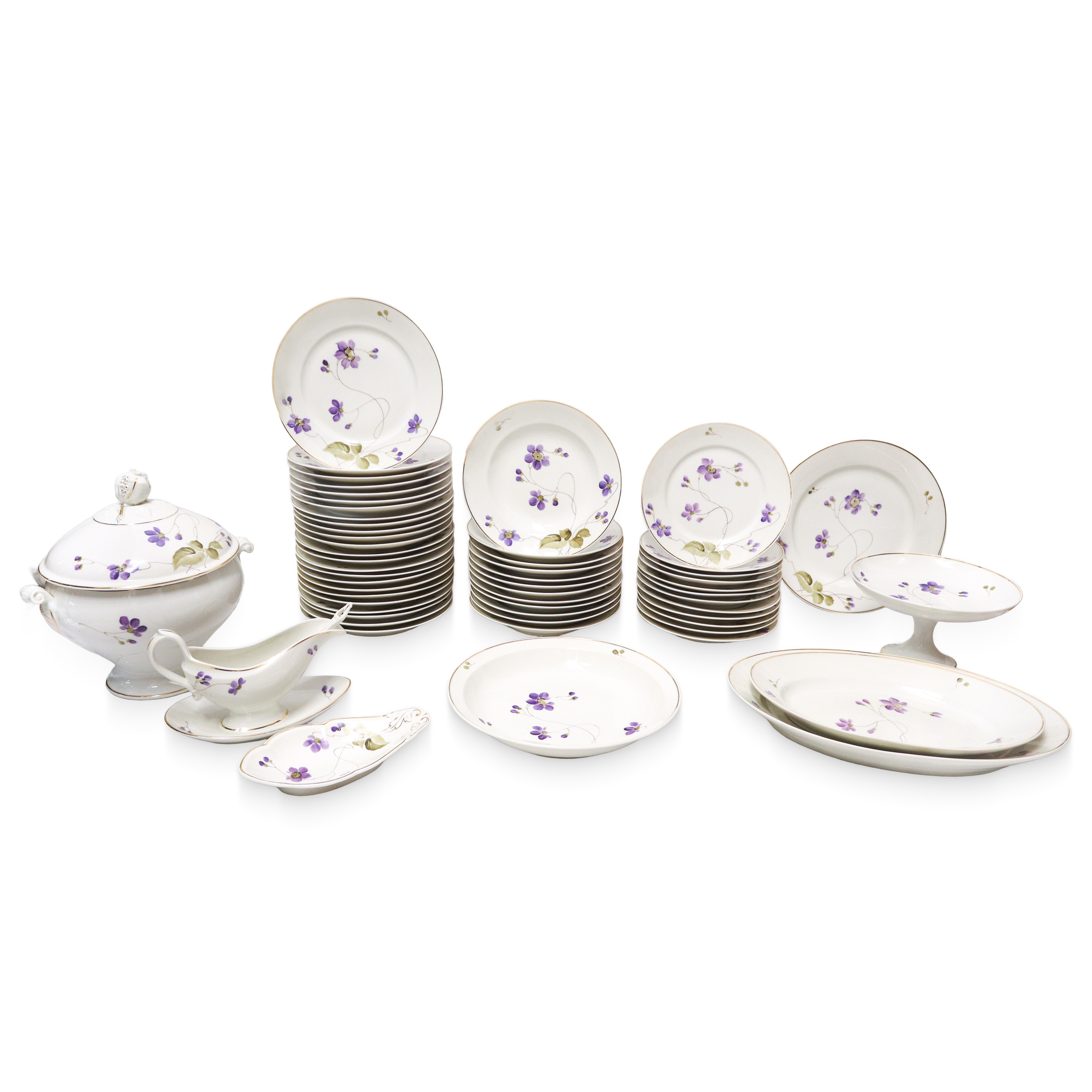 Servizio di piatti da 12, Richard Ginori, porcellana bianca con decoro le mammole, bordi profilat...