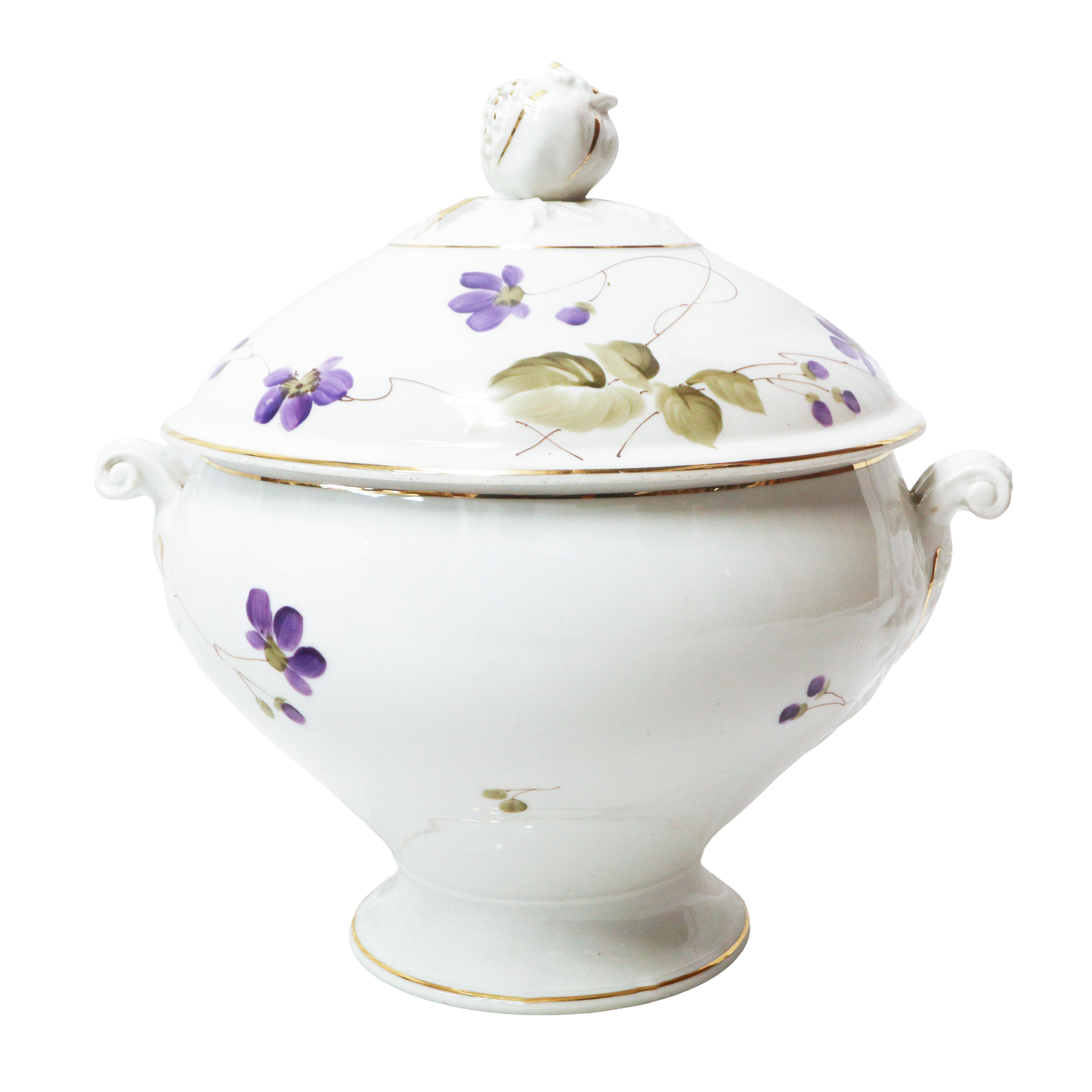 Servizio di piatti da 12, Richard Ginori, porcellana bianca con decoro le mammole, bordi profilat...