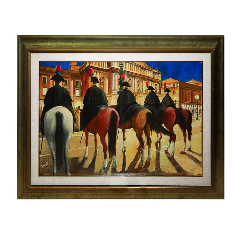 Nino Ciaccio - Carabinieri a cavallo, olio su tela