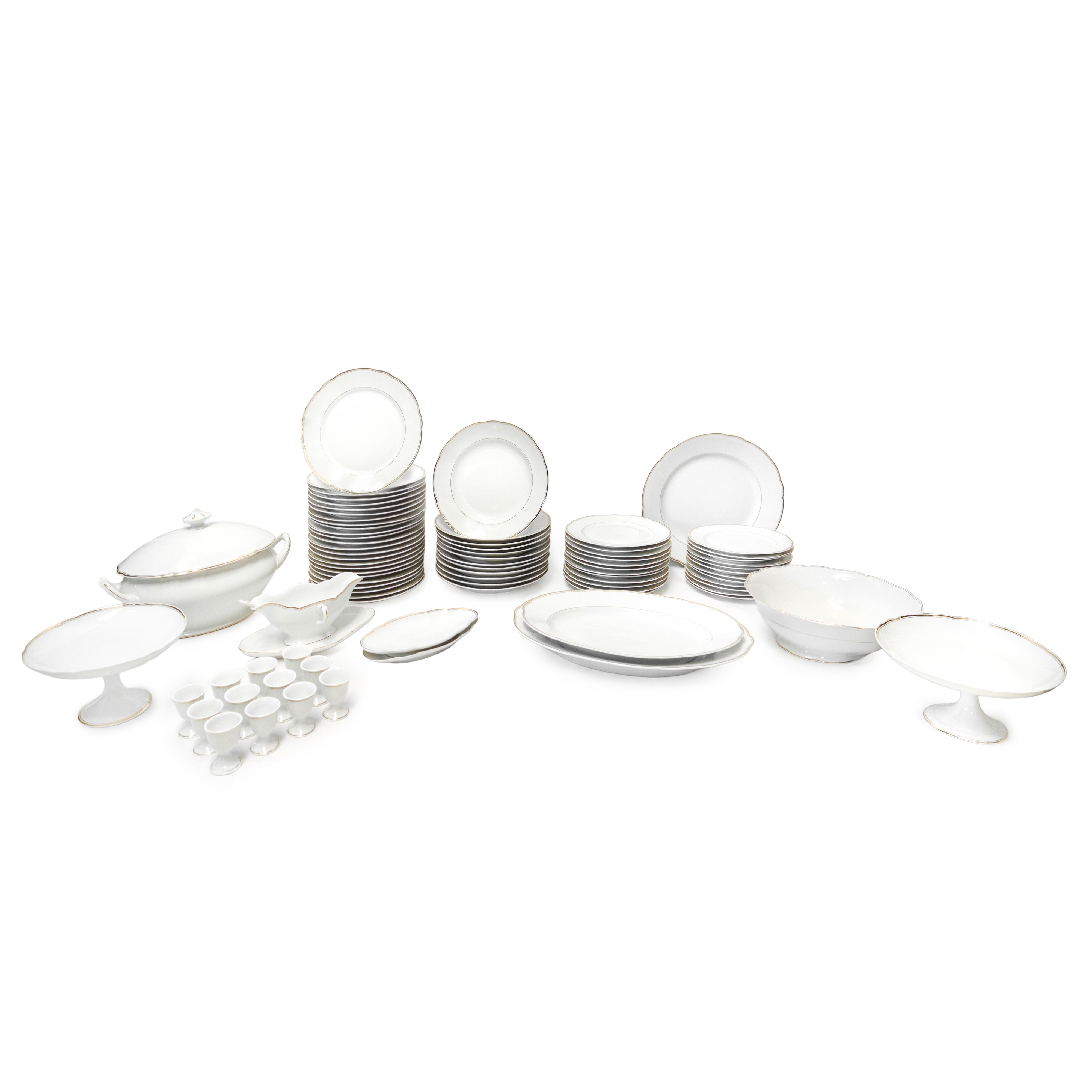 Servizio di piatti da 12 in porcellana bianca con perfilo oro.