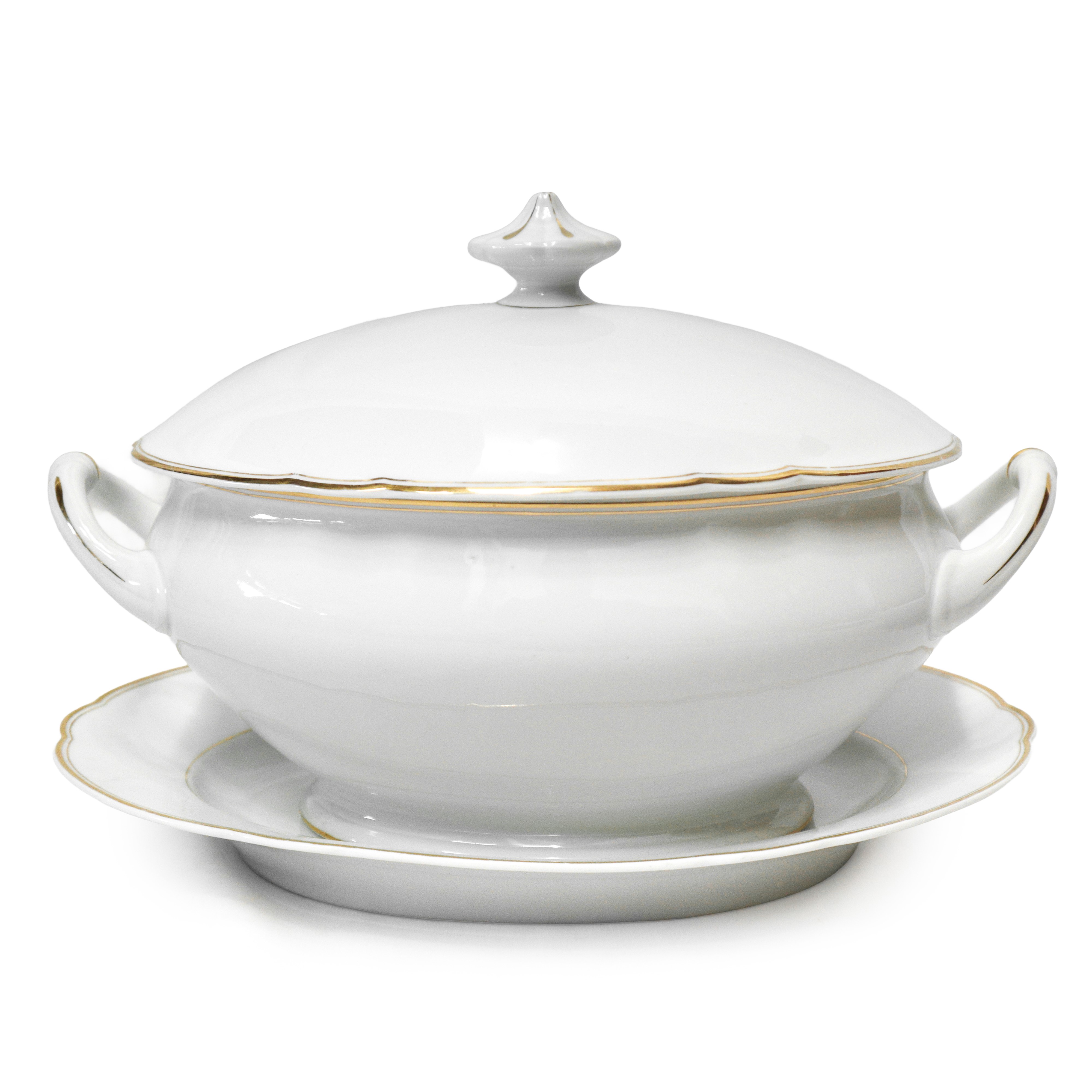 Servizio di piatti da 12 in porcellana bianca con perfilo oro.