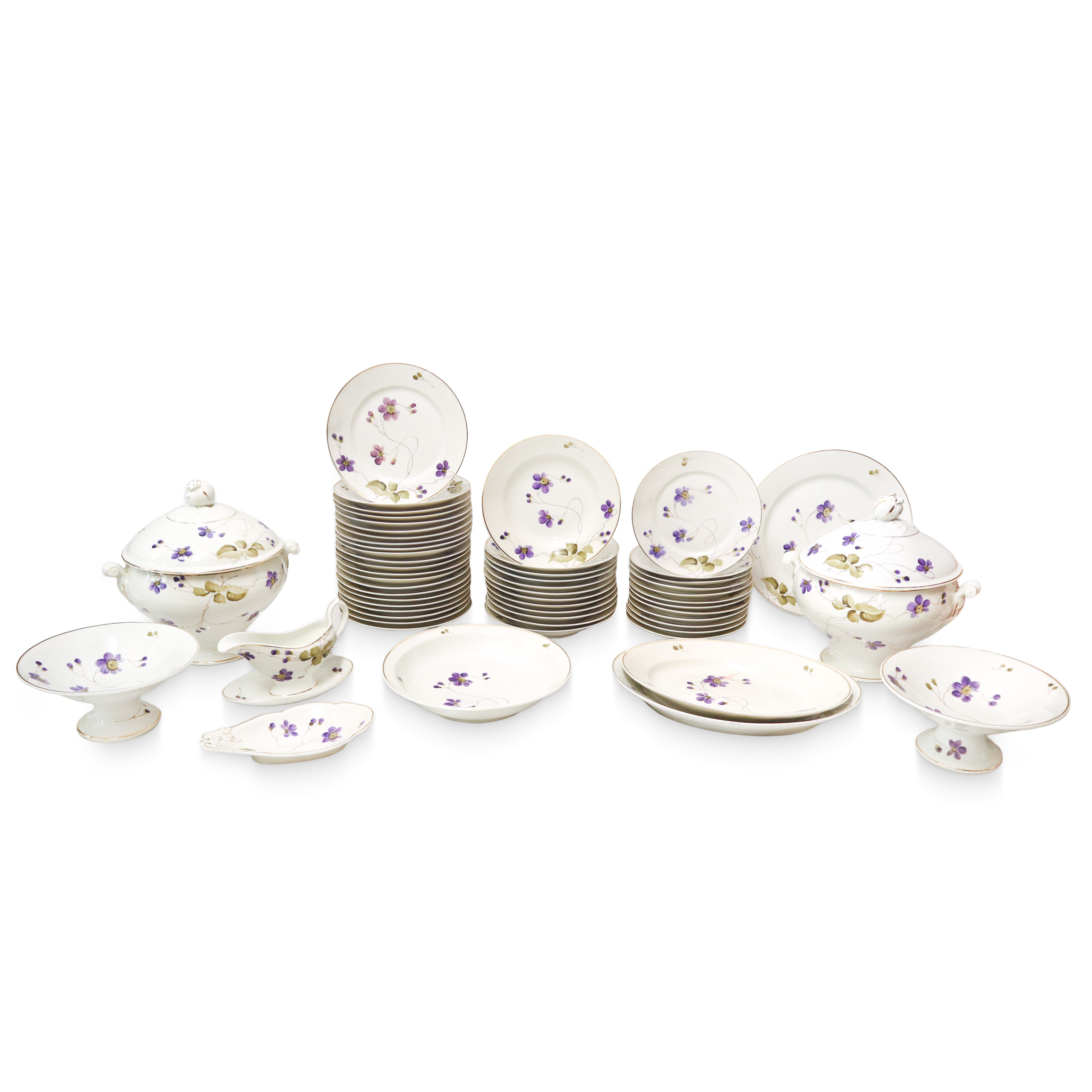 Servizio di piatti da 12, Richard Ginori, porcellana bianca con decoro le mammole, bordi profilat...