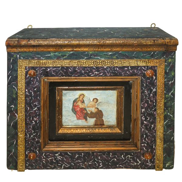 Madonna con Bambino e San Francesco in cornice scatolata laccata e dorata 