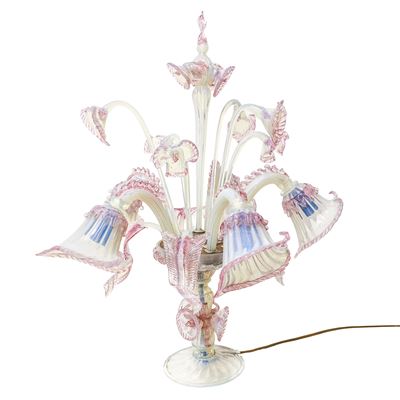 Flambeau in vetro di Murano, toni rosa e lilla, XIX/XX secolo