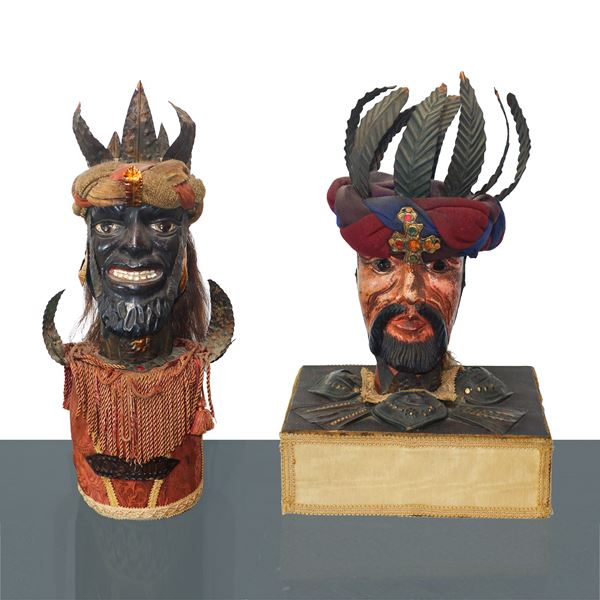 Pair of Sicilian puppet heads with base
