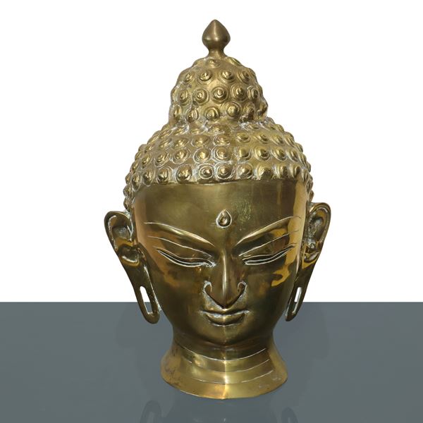 Grande testa di Buddha in ottone dorato
