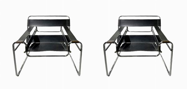 Gavina, pairs Armchairs design Marcel Breuer, vassyl pattern. 1980s, armchair with chromed tubular metal structure, sitting and back to ...