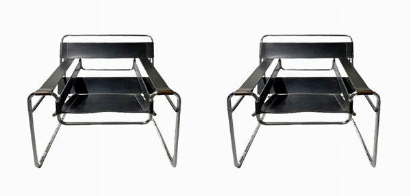 Gavina, coppie poltrone disegno  Marcel Breuer, modello Vassili. Anni '80,Poltrona con struttura in metallo tubolare cromato, seduta e spalliera a ... 