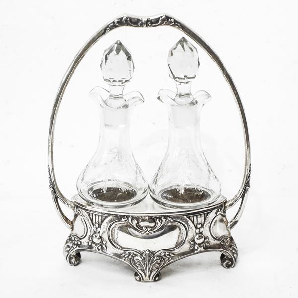 Oliera in argento 800 art nouveau con ampolle in vetro per olio e aceto