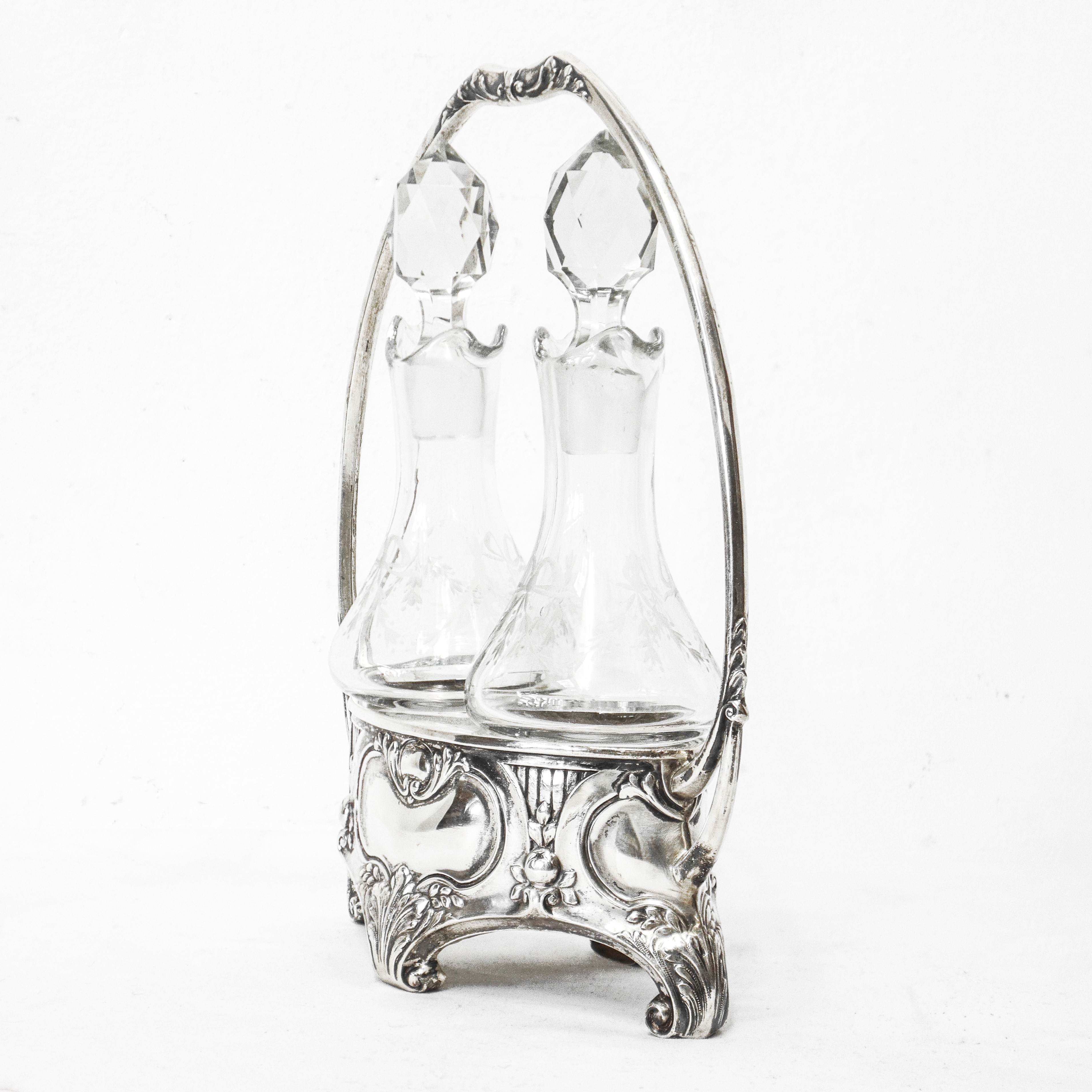 Oliera in argento 800 art nouveau con ampolle in vetro per olio e aceto