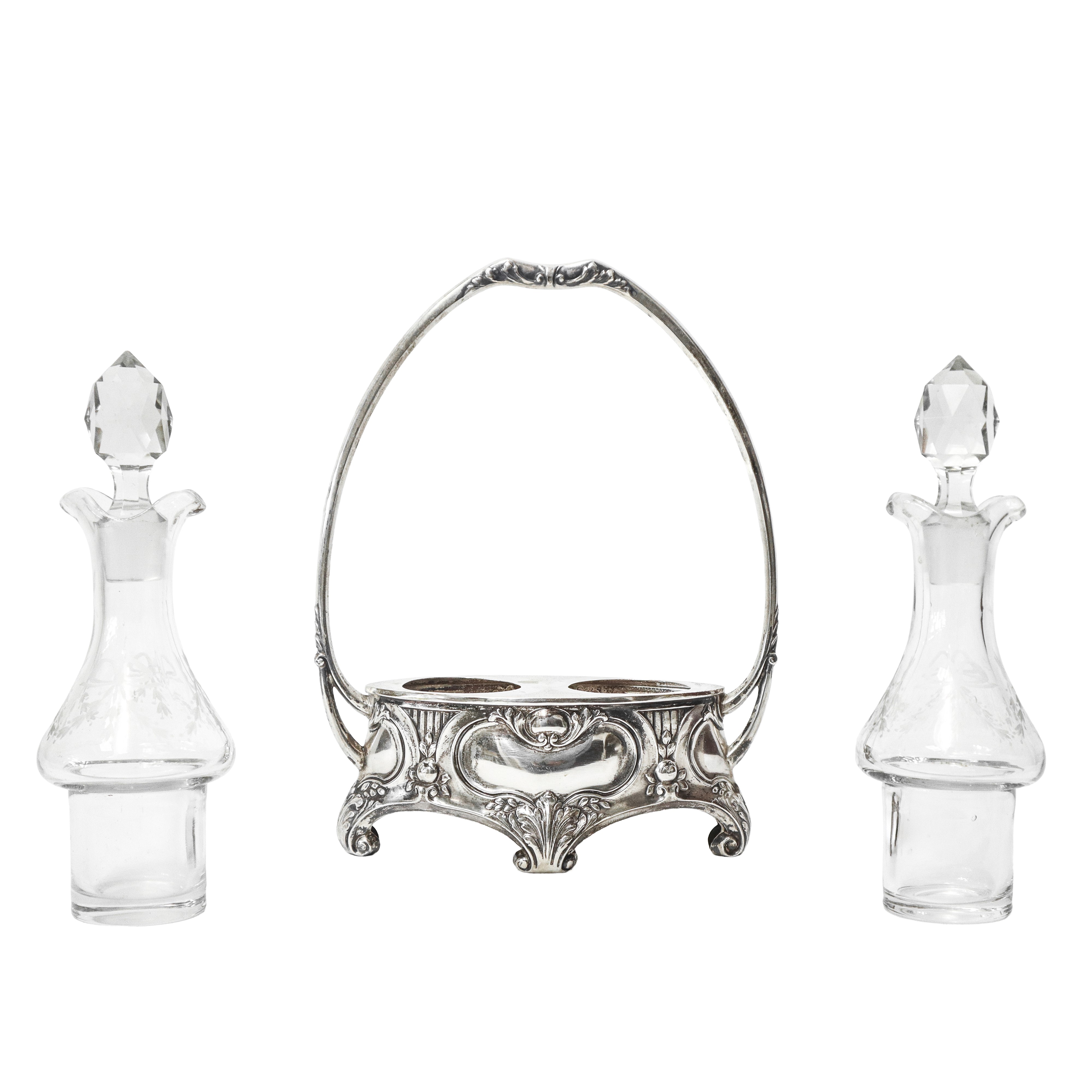 Oliera in argento 800 art nouveau con ampolle in vetro per olio e aceto