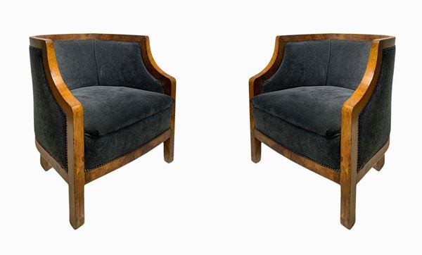 Italian production, Deco armchair pair, Chiara walnut veneered wood frame. Italy, sitting in dark gray tones. ...