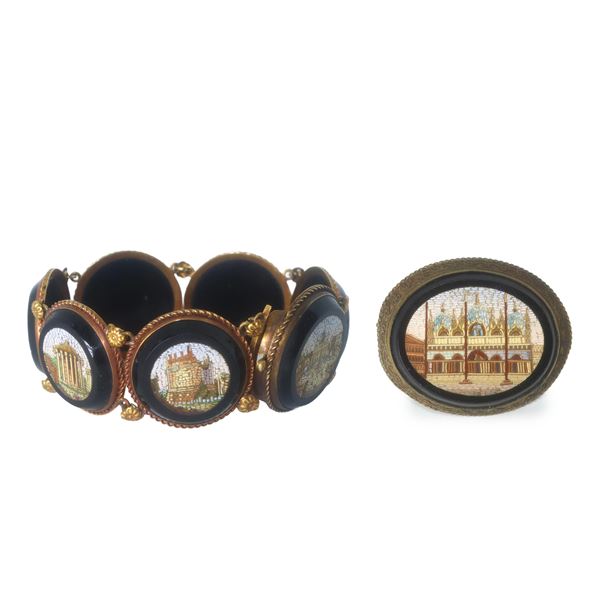 Bracciale a 7 micromosaici raffigurante monumenti romani con spilla con micromosaici raffigurante Duomo di Venezia