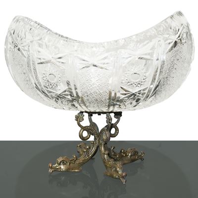 Alzata in Cristallo Bulinato con Base in Ottone a Guisa di Tritoni