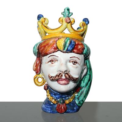 Piccola Testa di Moro in Ceramica di Caltagirone Invetriata, Smaltata e Dipinta Policroma