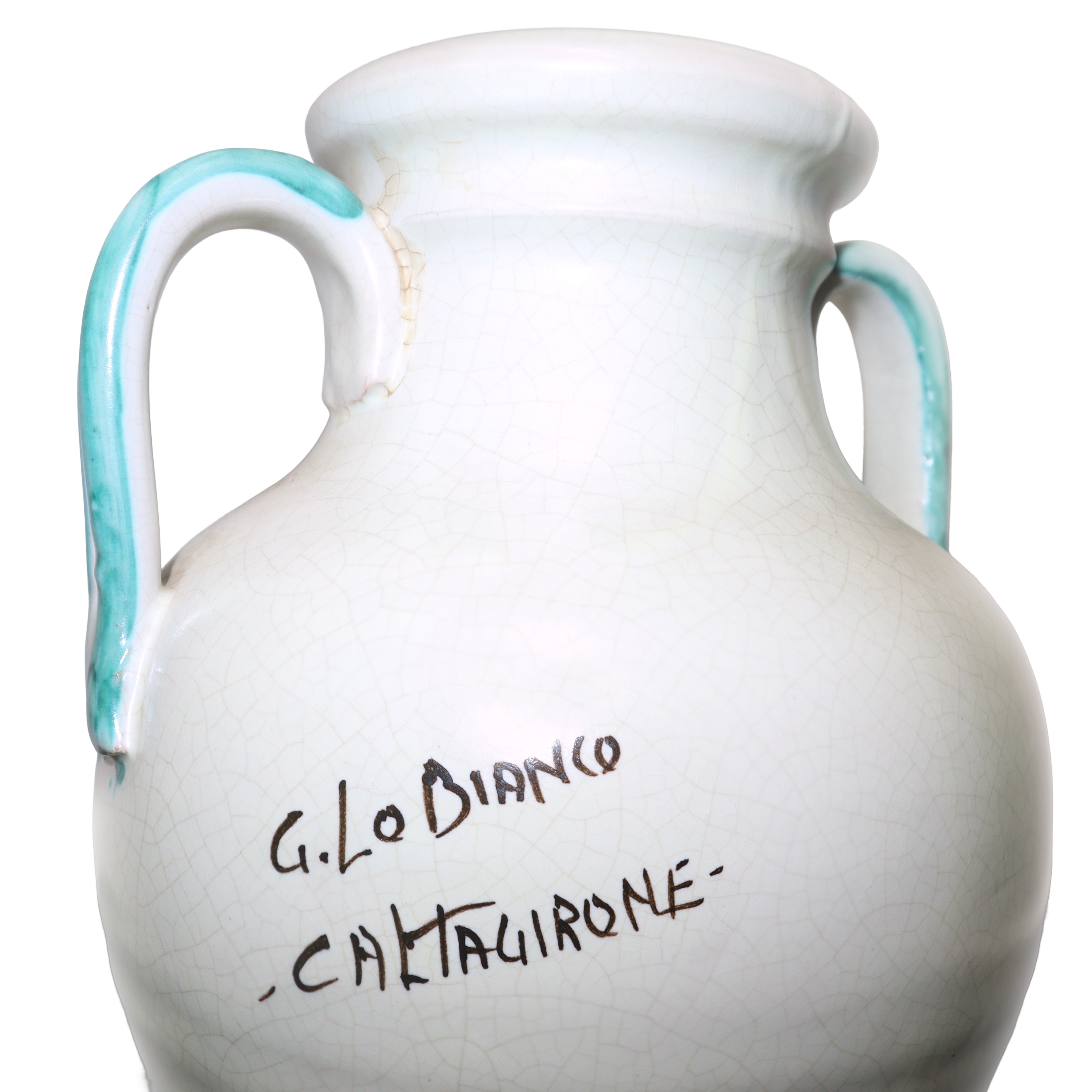 Quartara in ceramica di Caltagirone smaltata e dipinta policroma sui toni dell'arancione e del ve...
