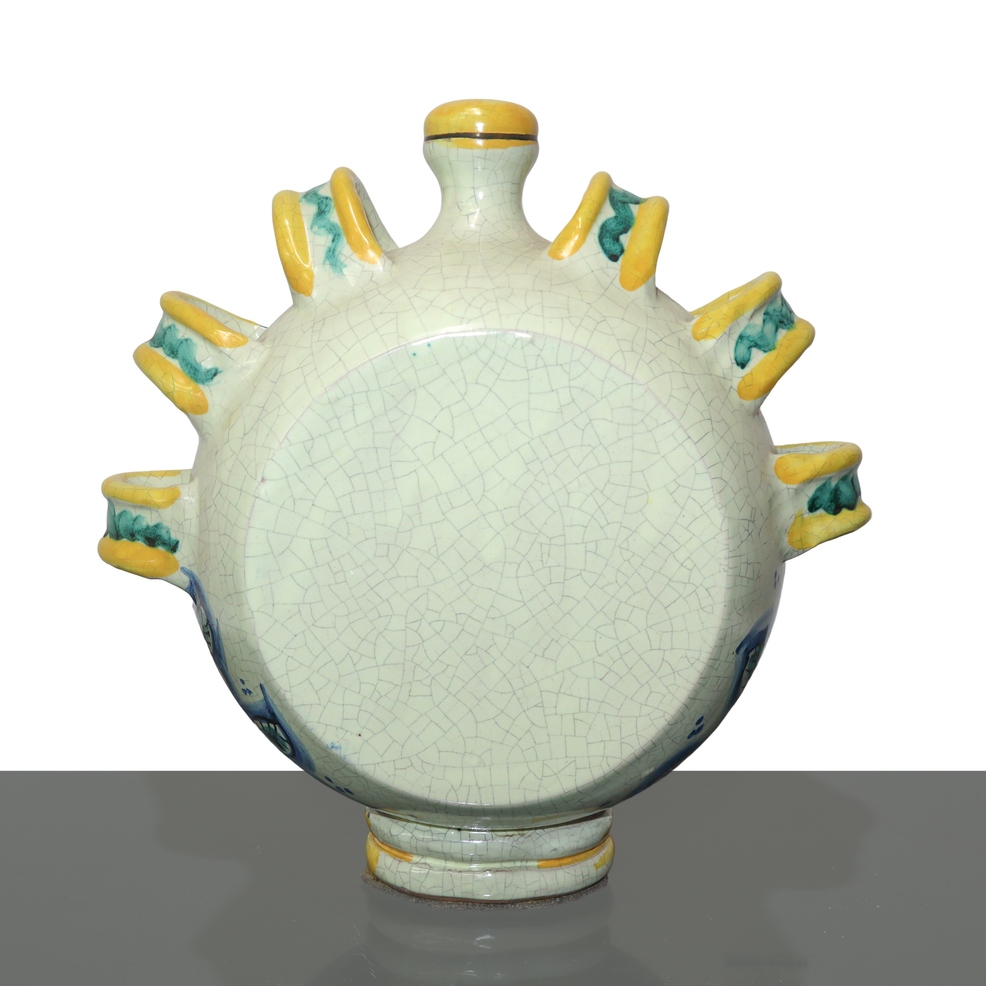 Ernesto Boria - Borraccia in maiolica smaltata e dipinta con decorazione policroma raffigurante u...