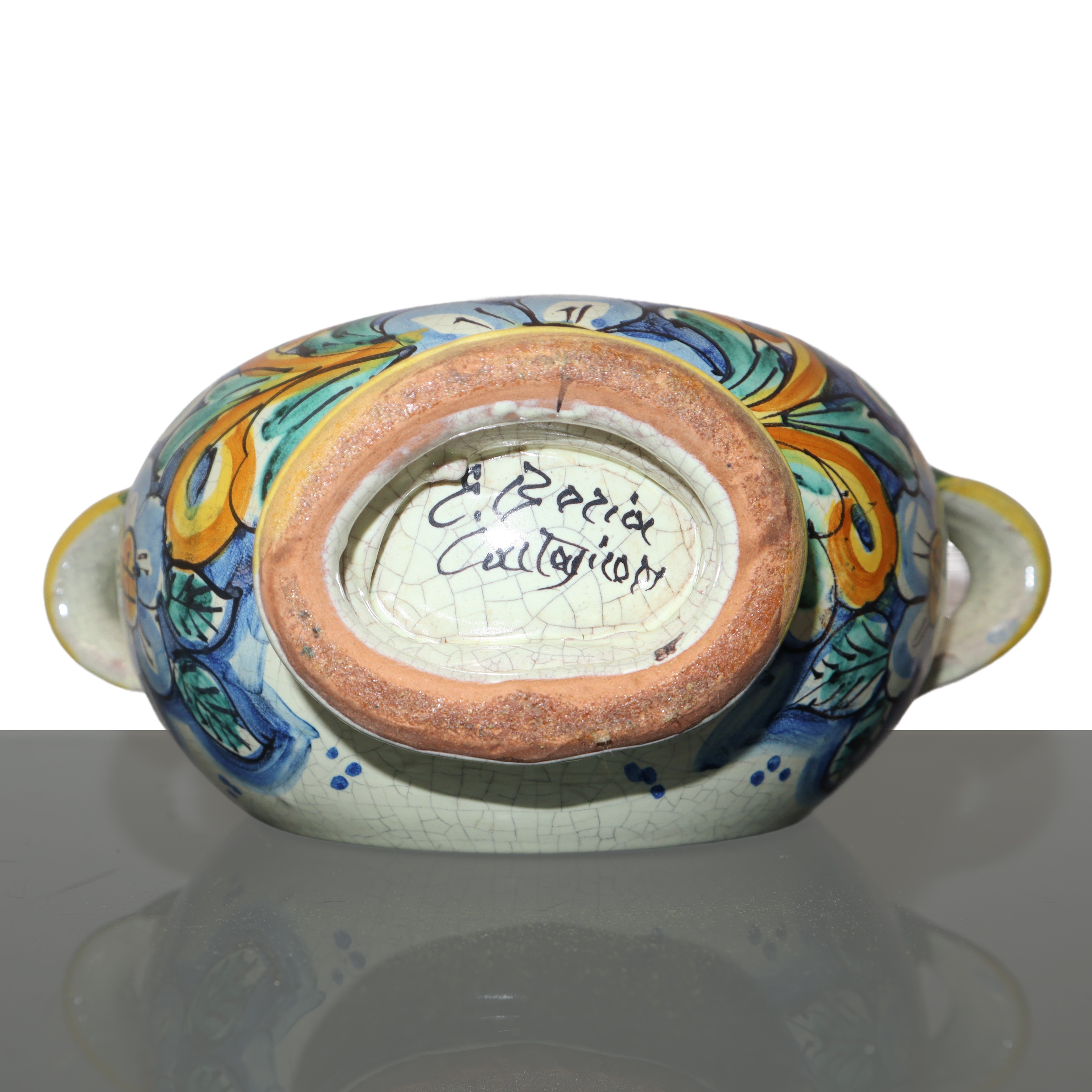 Ernesto Boria - Borraccia in maiolica smaltata e dipinta con decorazione policroma raffigurante u...