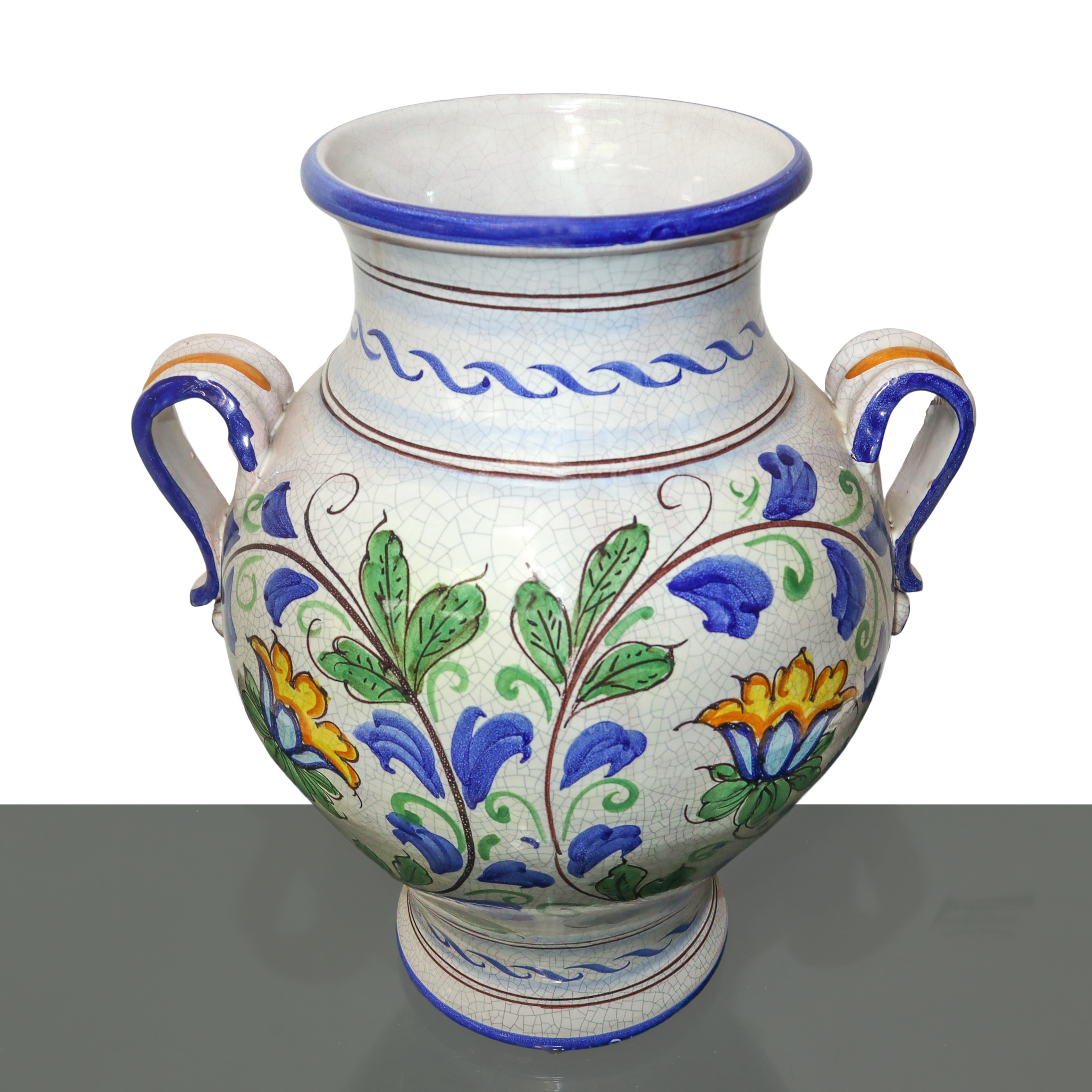 Anfora biansata in maiolica di Santo Stefano di Camastra dipinta policroma e decorata a motivi fl...