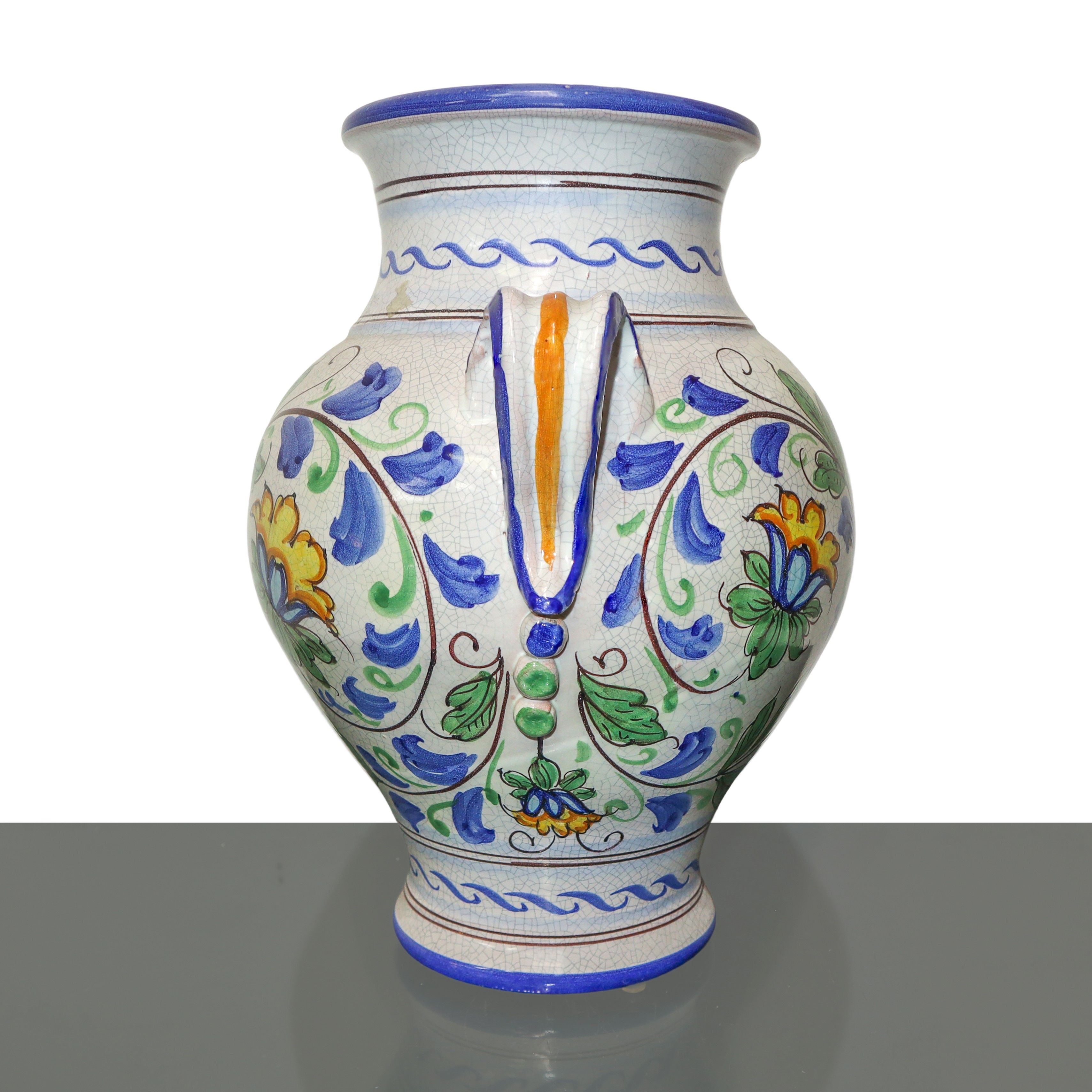 Anfora biansata in maiolica di Santo Stefano di Camastra dipinta policroma e decorata a motivi fl...