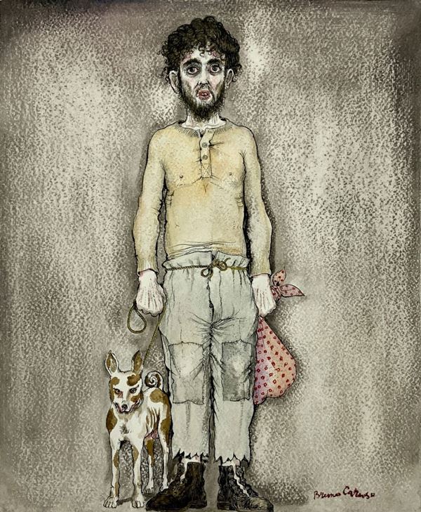 Bruno Caruso, mixed technique on cardboard depicting man with dog, signed at the bottom right. Bruno Caruso (Palermo, 8 August 1927 - Rome, 4 ...