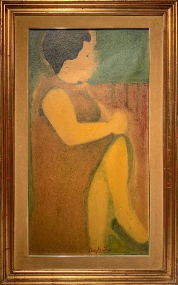Dipinto ad olio su masonite raffigurante donna,  Angelo Nona&nbsp (Favara 1937-1975 Catania). Firmato al centro in basso Cm 100x51 , in cornice cm ... 
