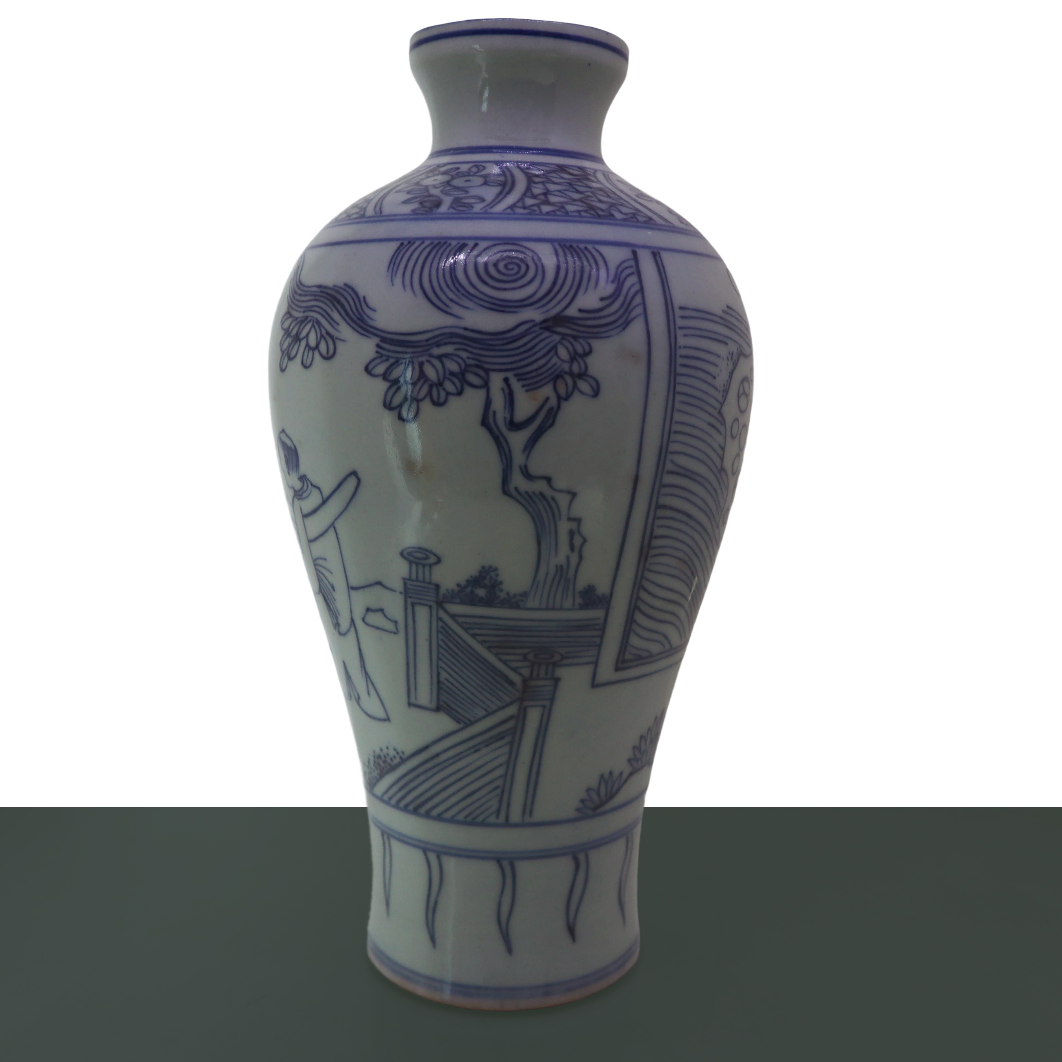 Bottiglia in stile dinastia Qing, nei toni bianco e blu con raffigurazione di personaggi