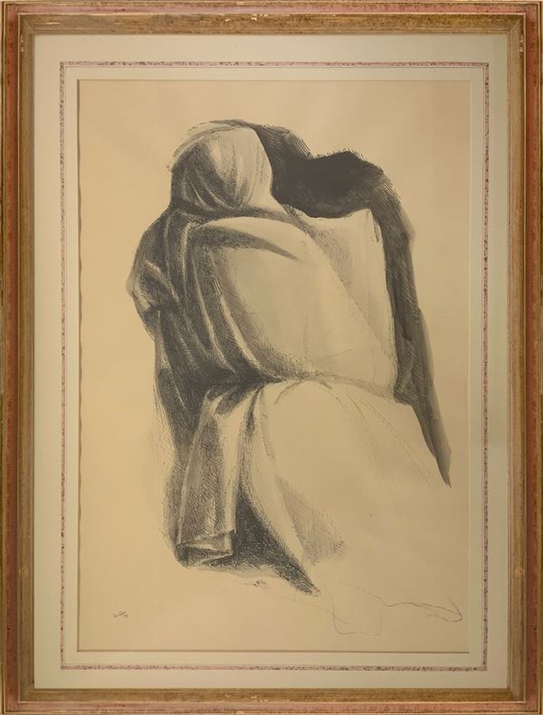 Drawing a china on cardboard depicting veiled body, Domenico Tudisco & nbsp signed at the bottom left and dated 1975 cm 78x58, in Frame 86 cm ...