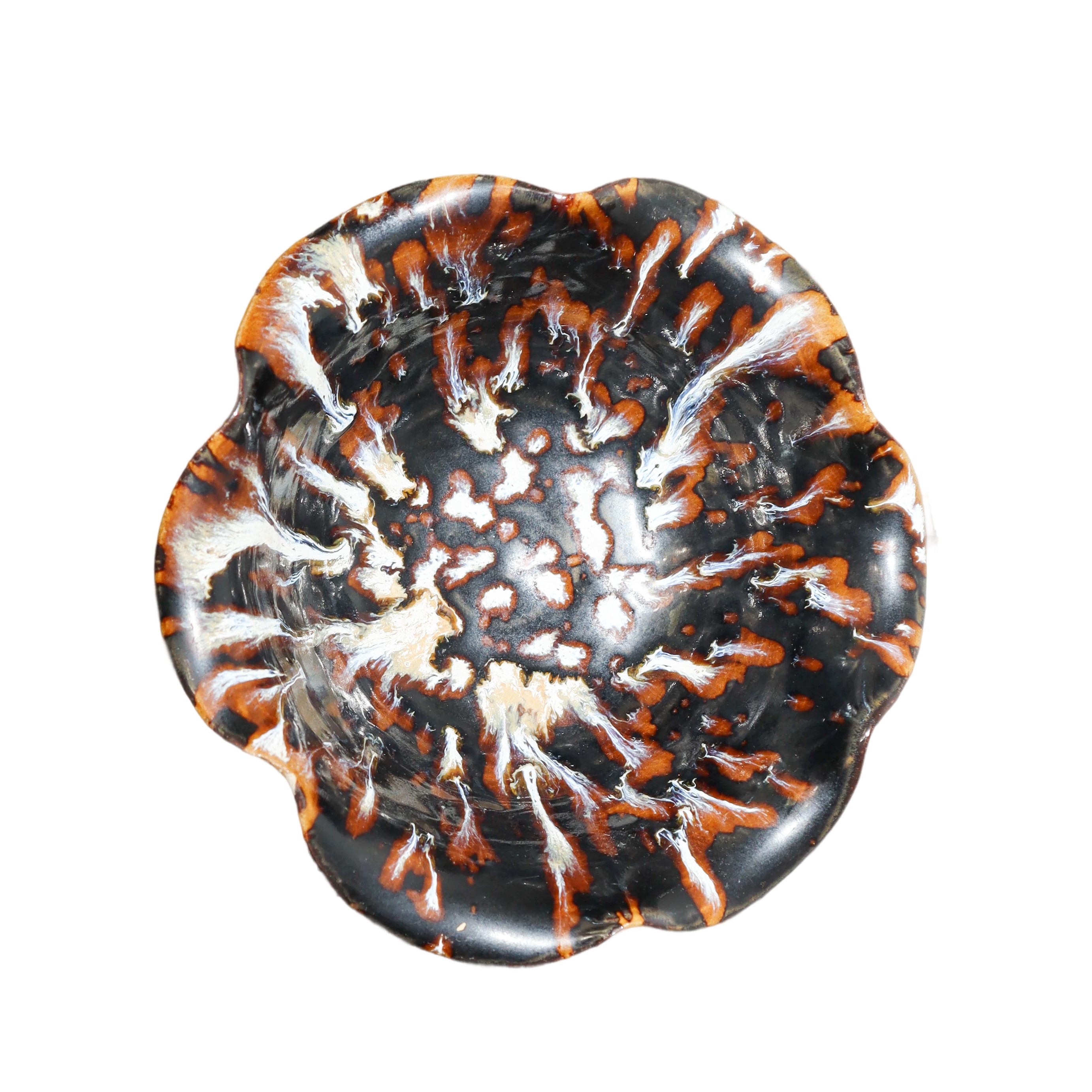 Ciotola con base alta dinastia Yuan su fondo nero decorata nei toni del marrone, bianco